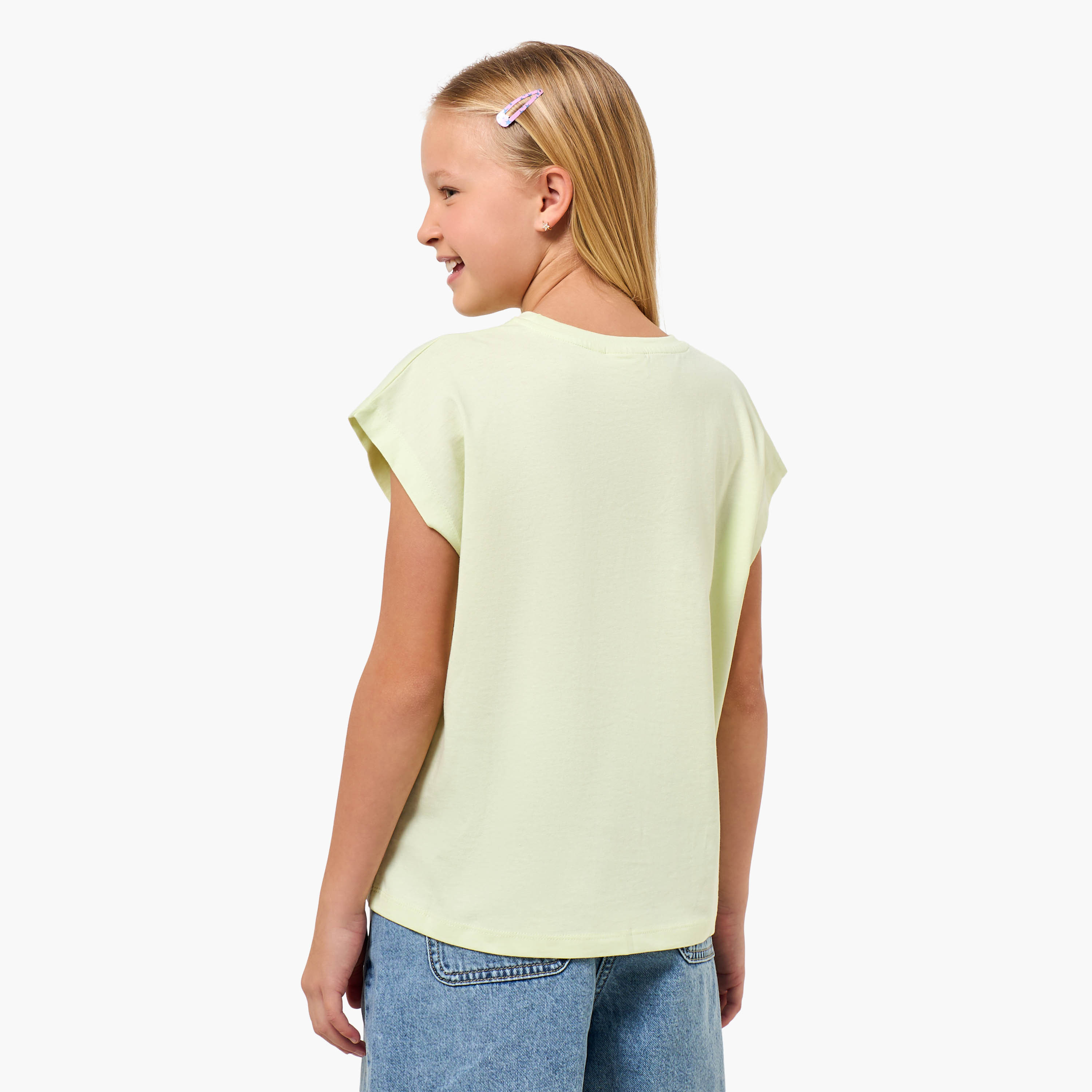Juniors Crew Neck Cap Sleeves T-shirt with Matcha Print-girls-clothing-tshirts-image-3