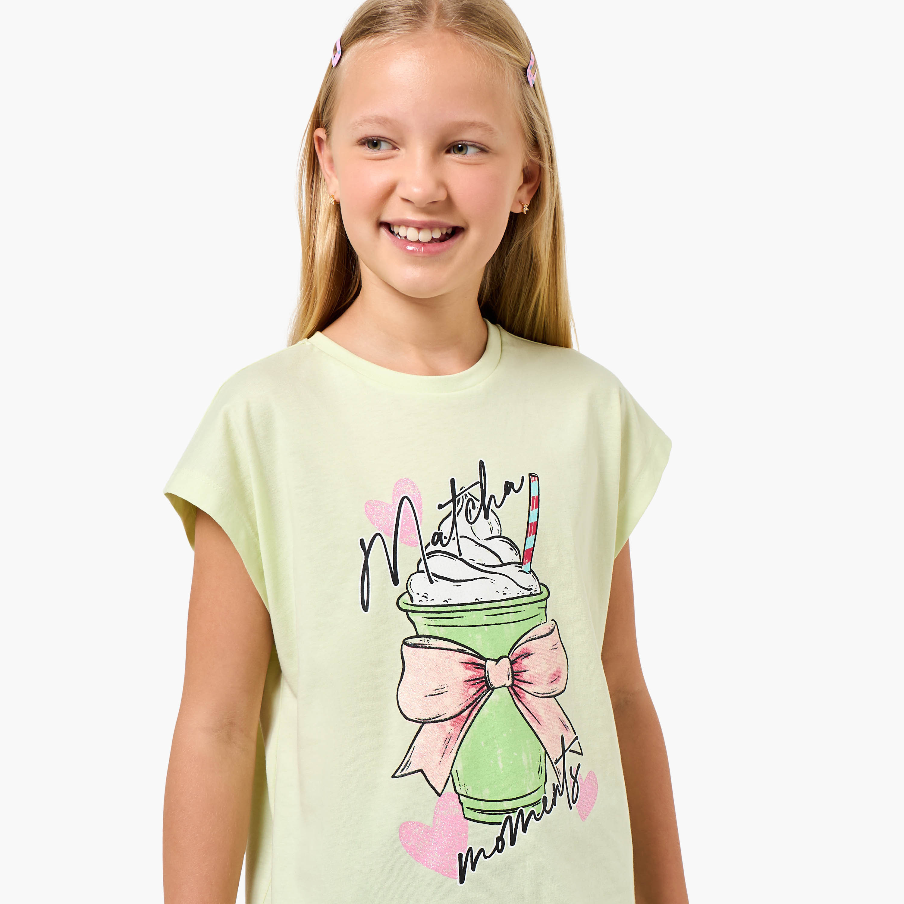 Juniors Crew Neck Cap Sleeves T-shirt with Matcha Print-girls-clothing-tshirts-image-4