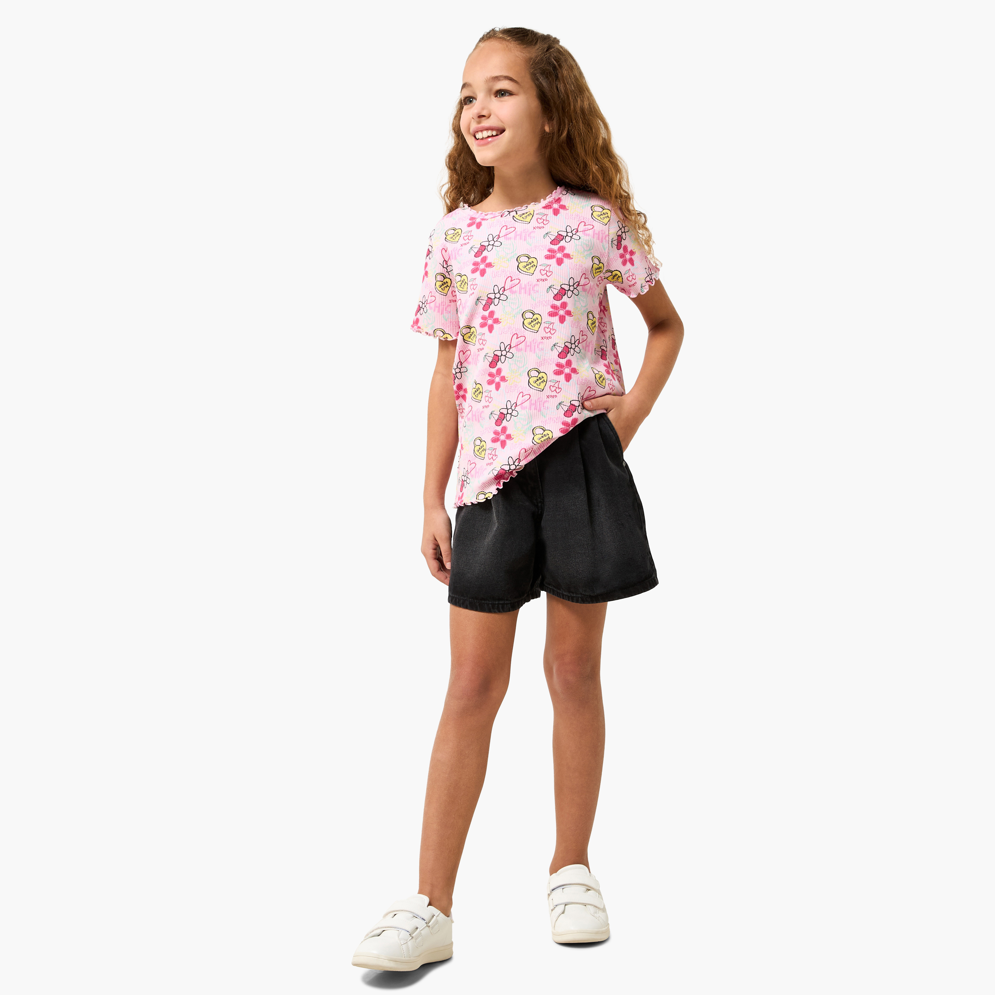 Juniors Crew Neck Short Sleeves T-shirt with Floral Print-girls-clothing-tshirts-image-2