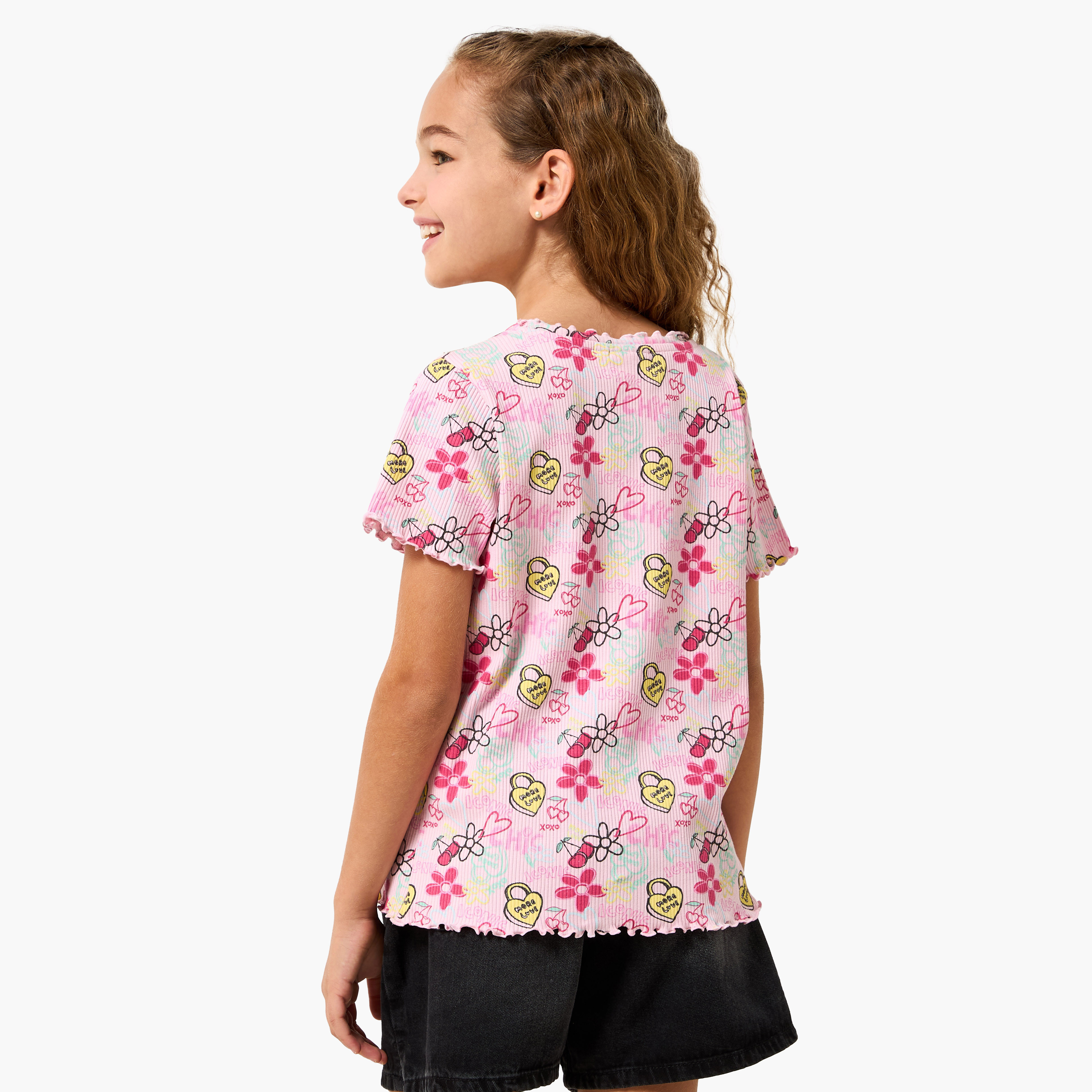 Juniors Crew Neck Short Sleeves T-shirt with Floral Print-girls-clothing-tshirts-image-3