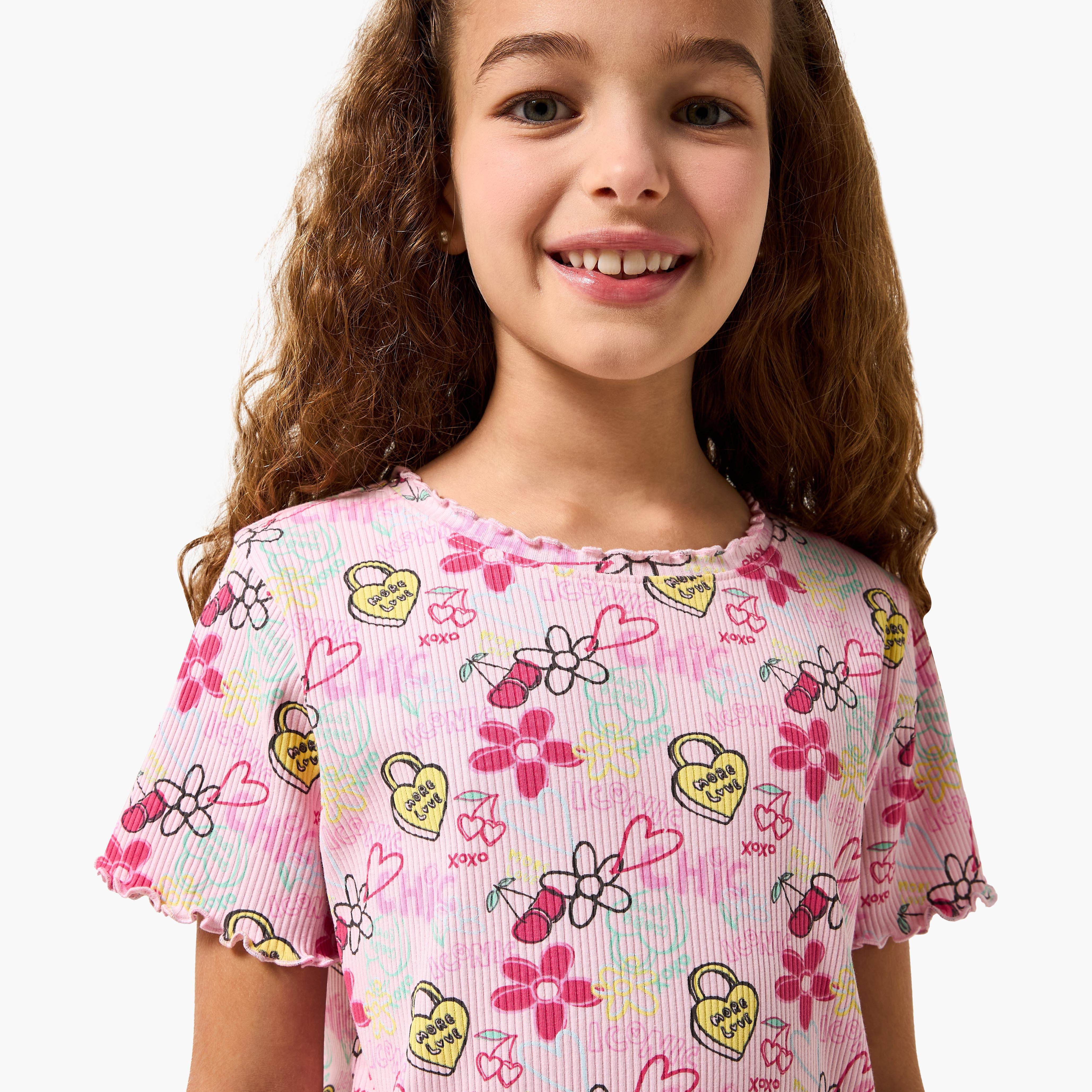 Juniors Crew Neck Short Sleeves T-shirt with Floral Print-girls-clothing-tshirts-image-4