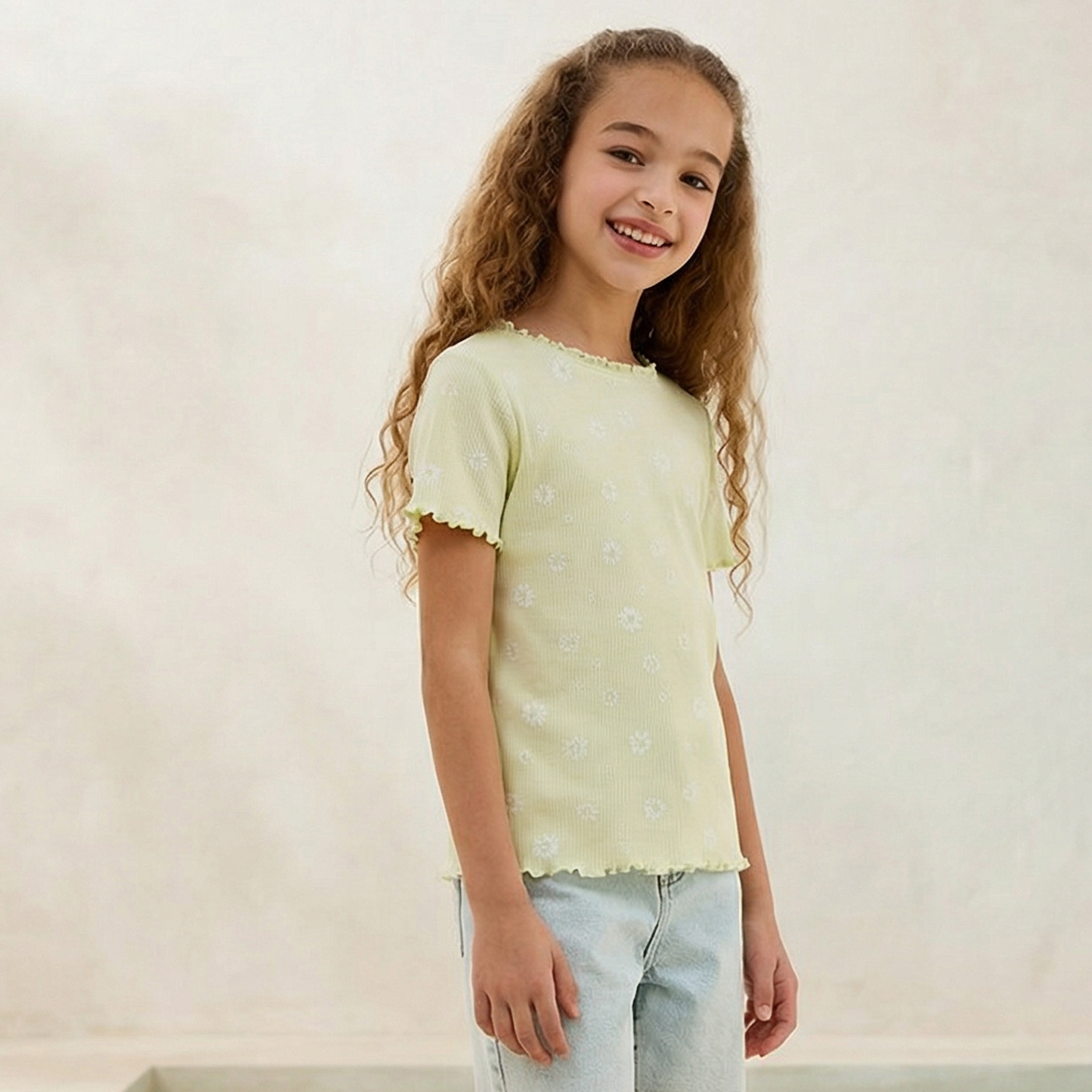 Juniors Round Neck Short Sleeves T-shirt with Floral Print-girls-clothing-tshirts-image-1