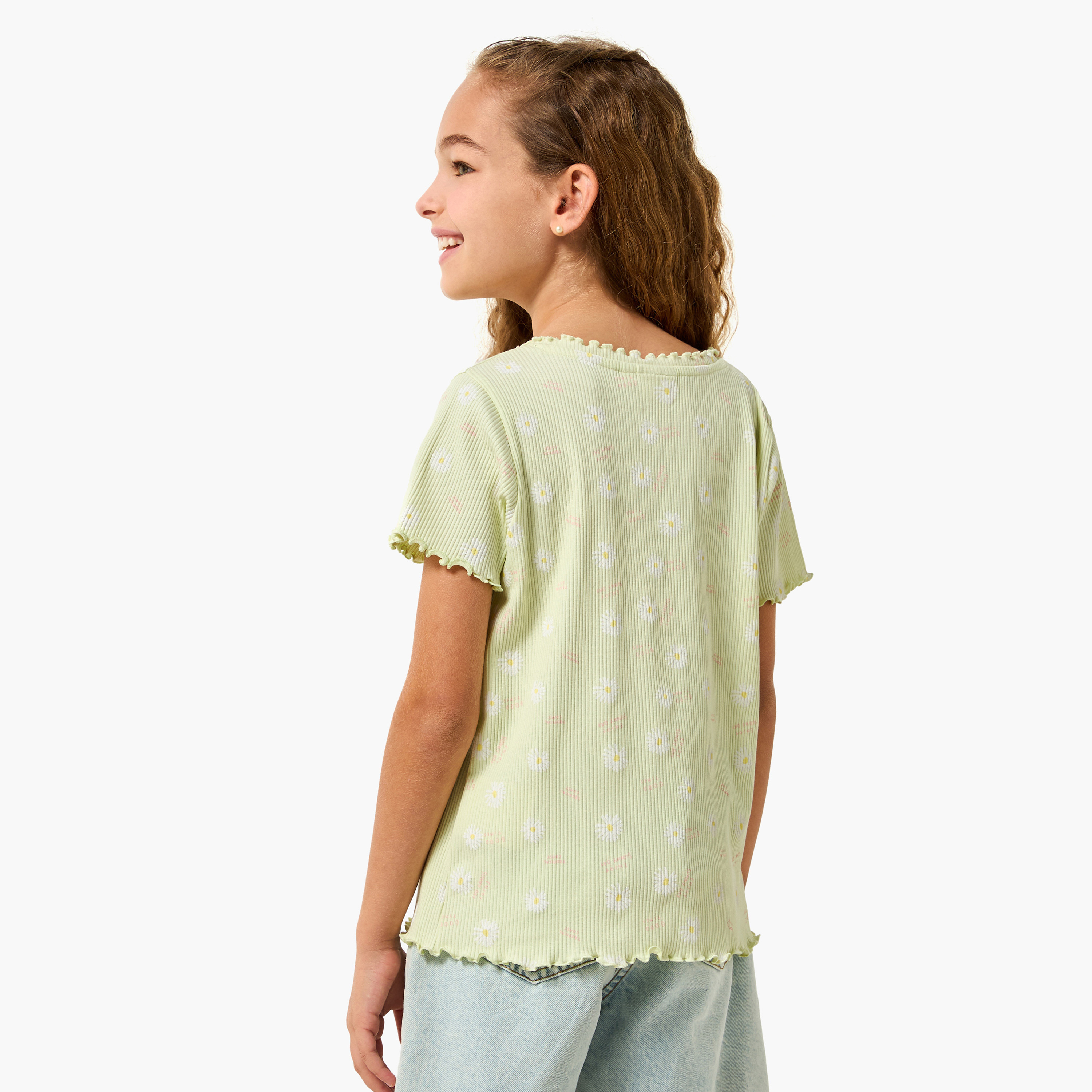 Juniors Round Neck Short Sleeves T-shirt with Floral Print-girls-clothing-tshirts-image-3