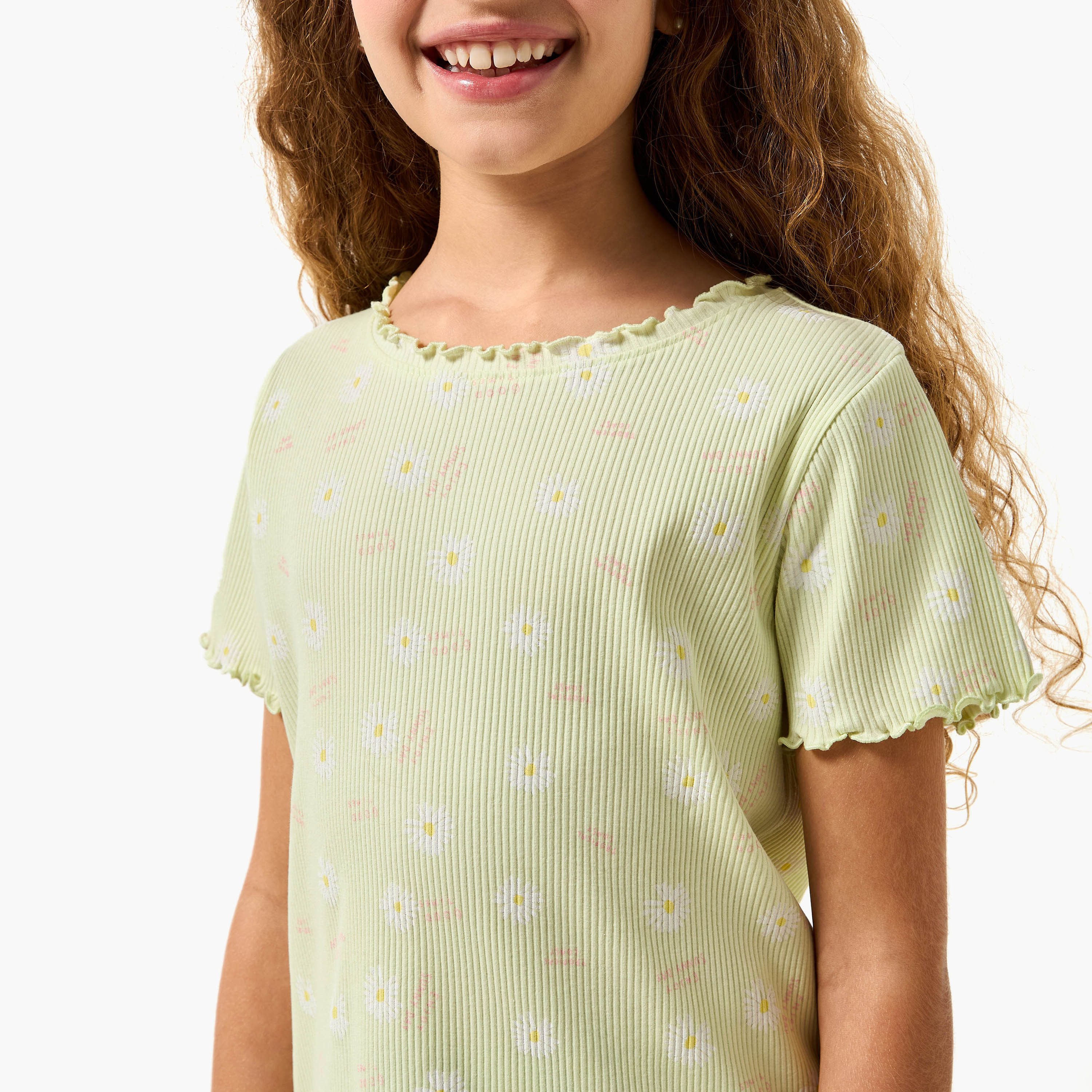Juniors Round Neck Short Sleeves T-shirt with Floral Print-girls-clothing-tshirts-image-4