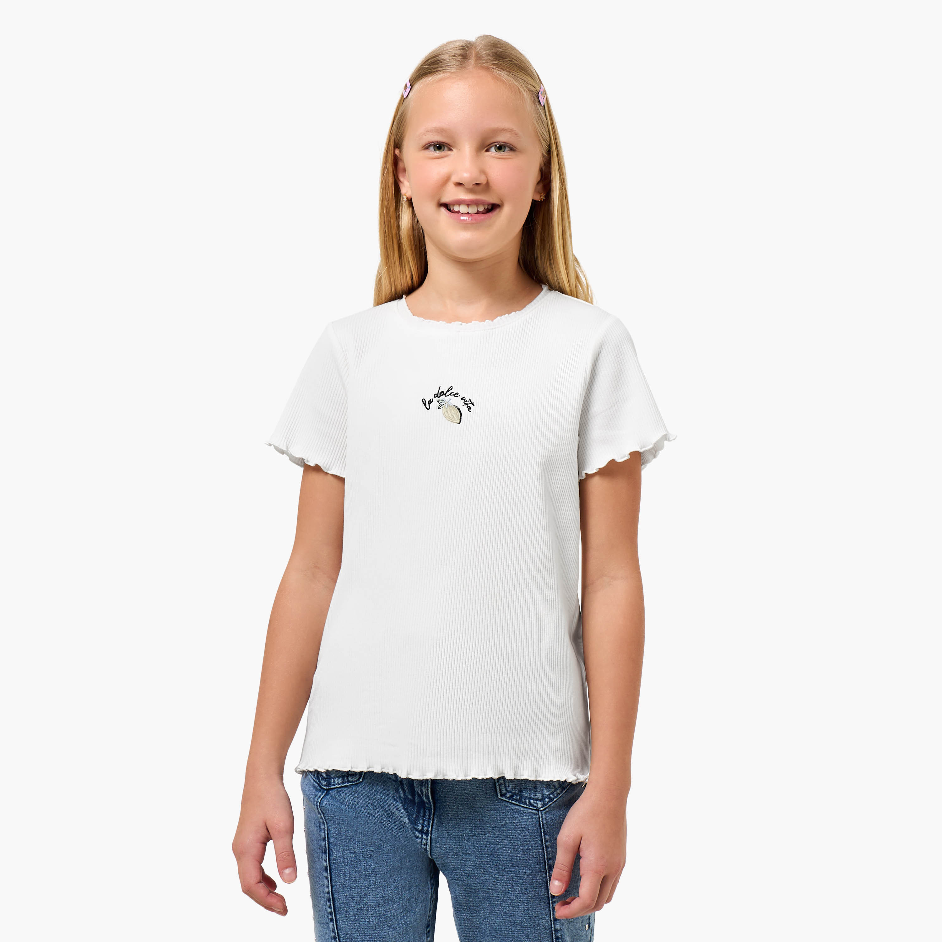 Juniors Crew Neck Short Sleeves T-shirt with Lemon Embroidery-girls-clothing-tshirts-image-1