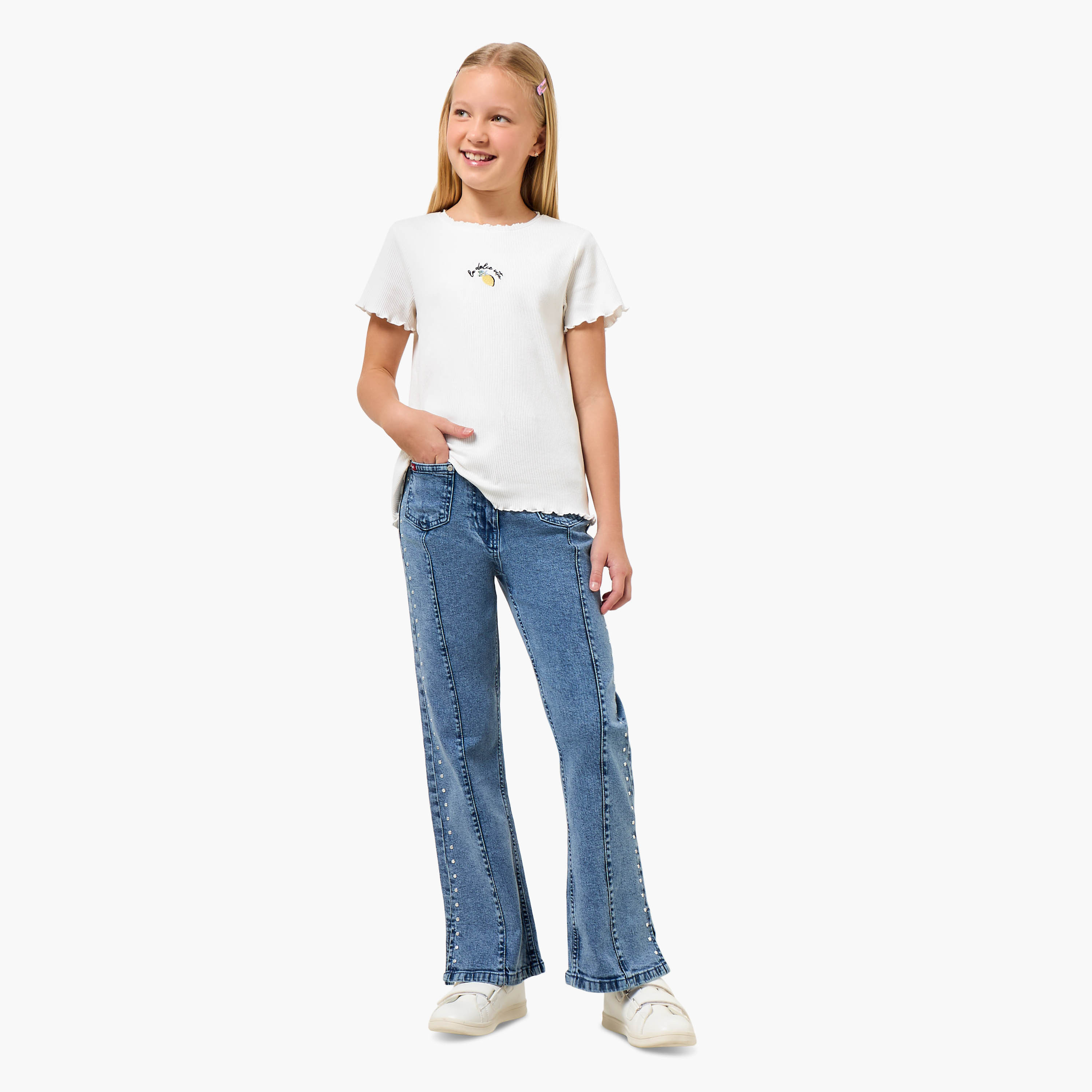 Juniors Crew Neck Short Sleeves T-shirt with Lemon Embroidery-girls-clothing-tshirts-image-2