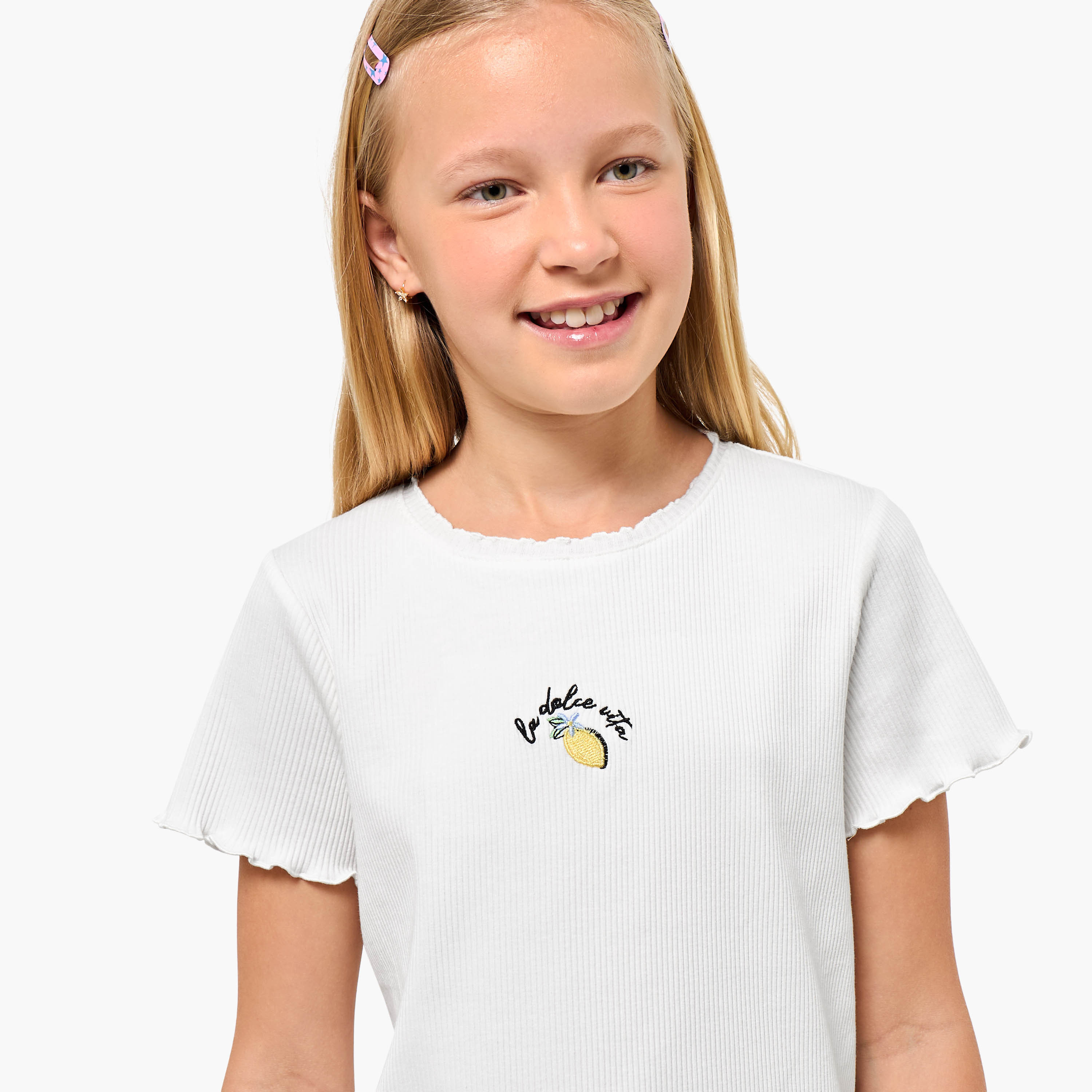 Juniors Crew Neck Short Sleeves T-shirt with Lemon Embroidery-girls-clothing-tshirts-image-4
