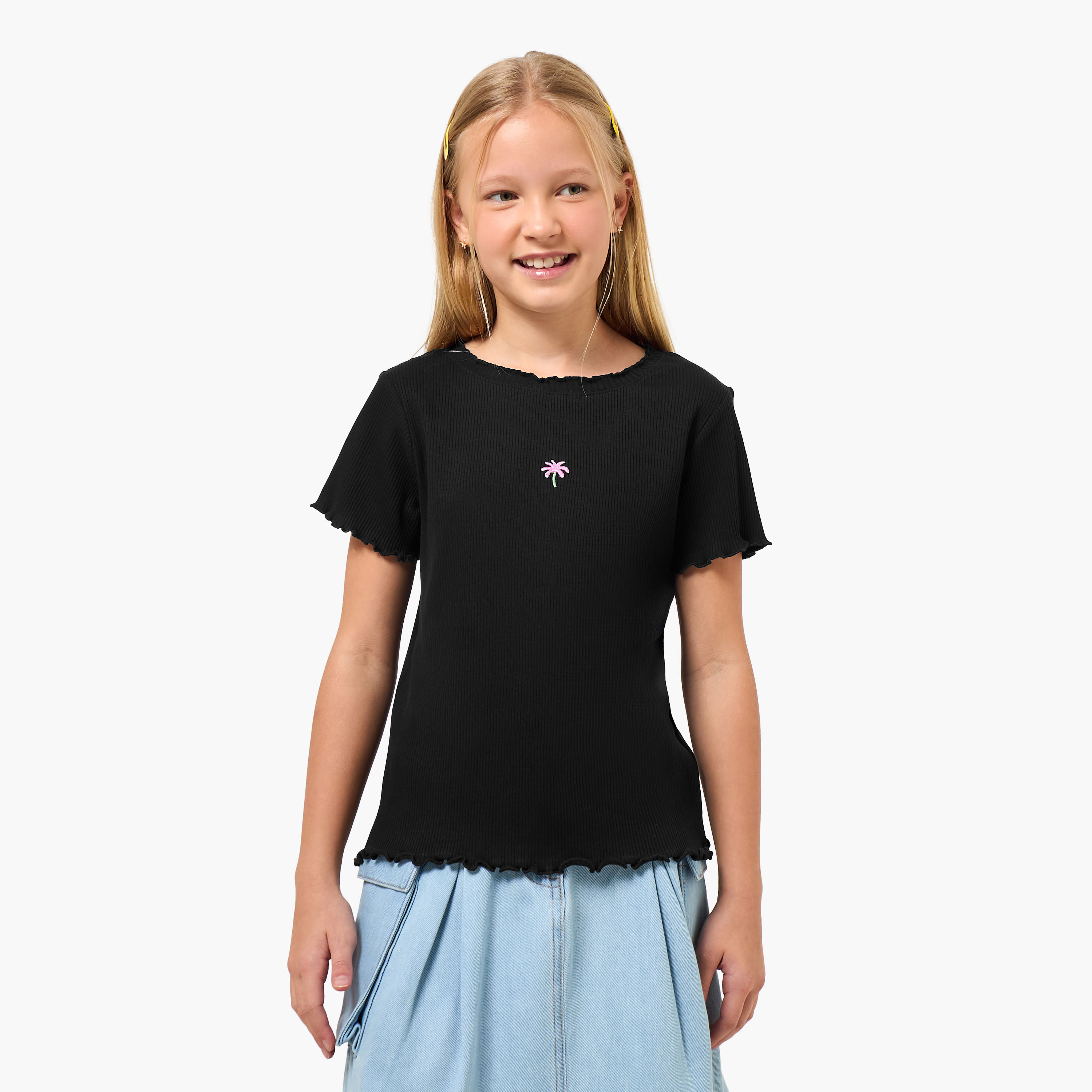 Juniors Round Neck Short Sleeves T-shirt with Palm Tree Embroidery-girls-clothing-tshirts-image-1