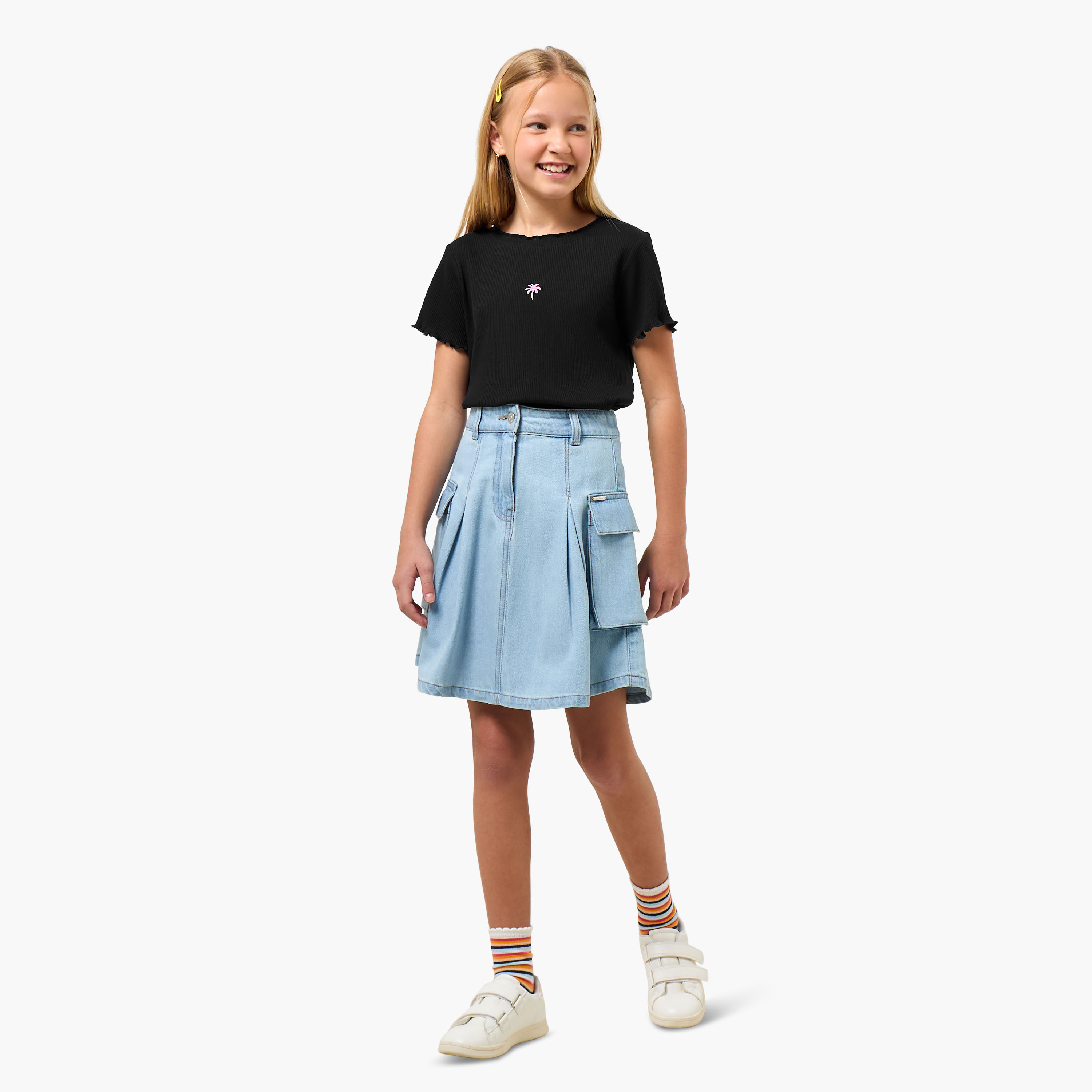 Juniors Round Neck Short Sleeves T-shirt with Palm Tree Embroidery-girls-clothing-tshirts-image-2