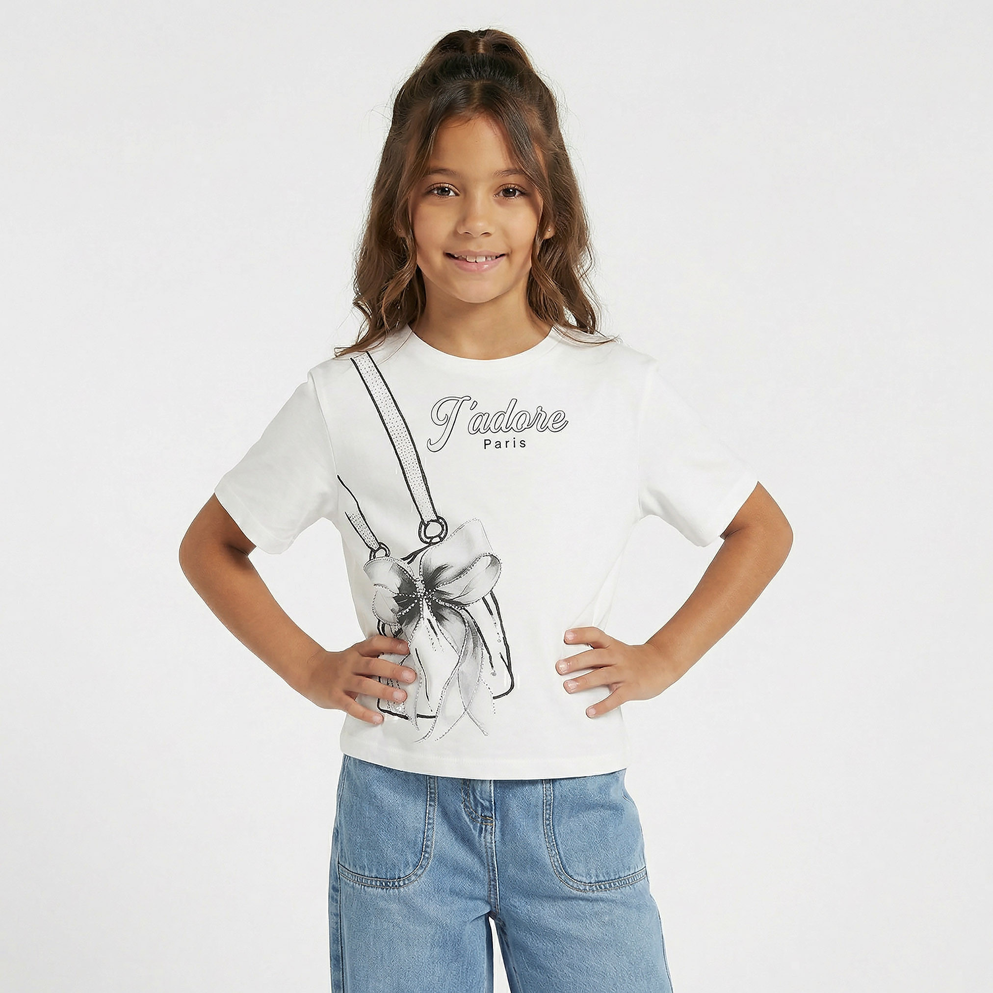 Juniors Crew Neck Short Sleeves T-shirt with Studded Detail-girls-clothing-tshirts-image-1