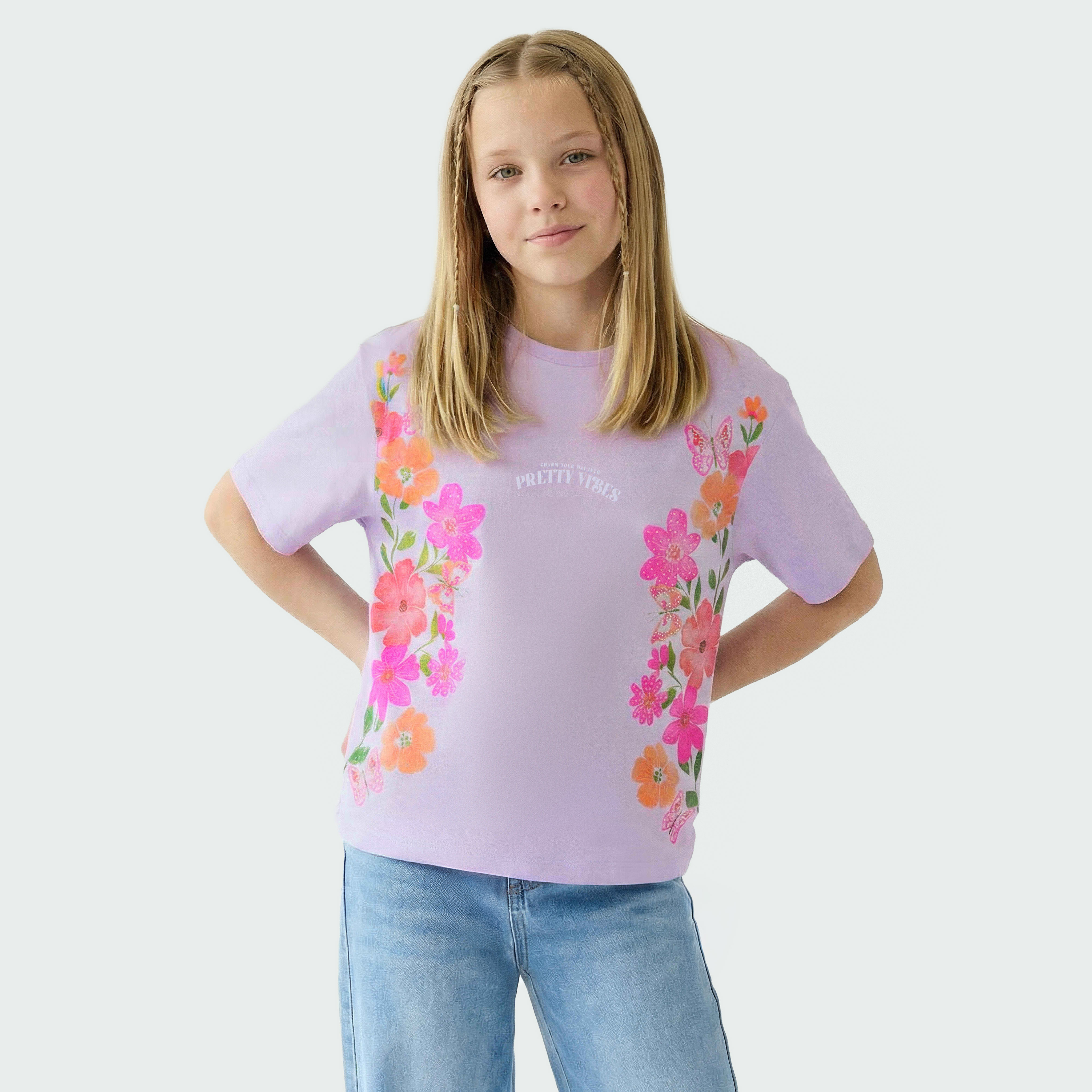 Juniors Crew Neck Short Sleeves T-shirt with Floral Print-girls-clothing-tshirts-image-1