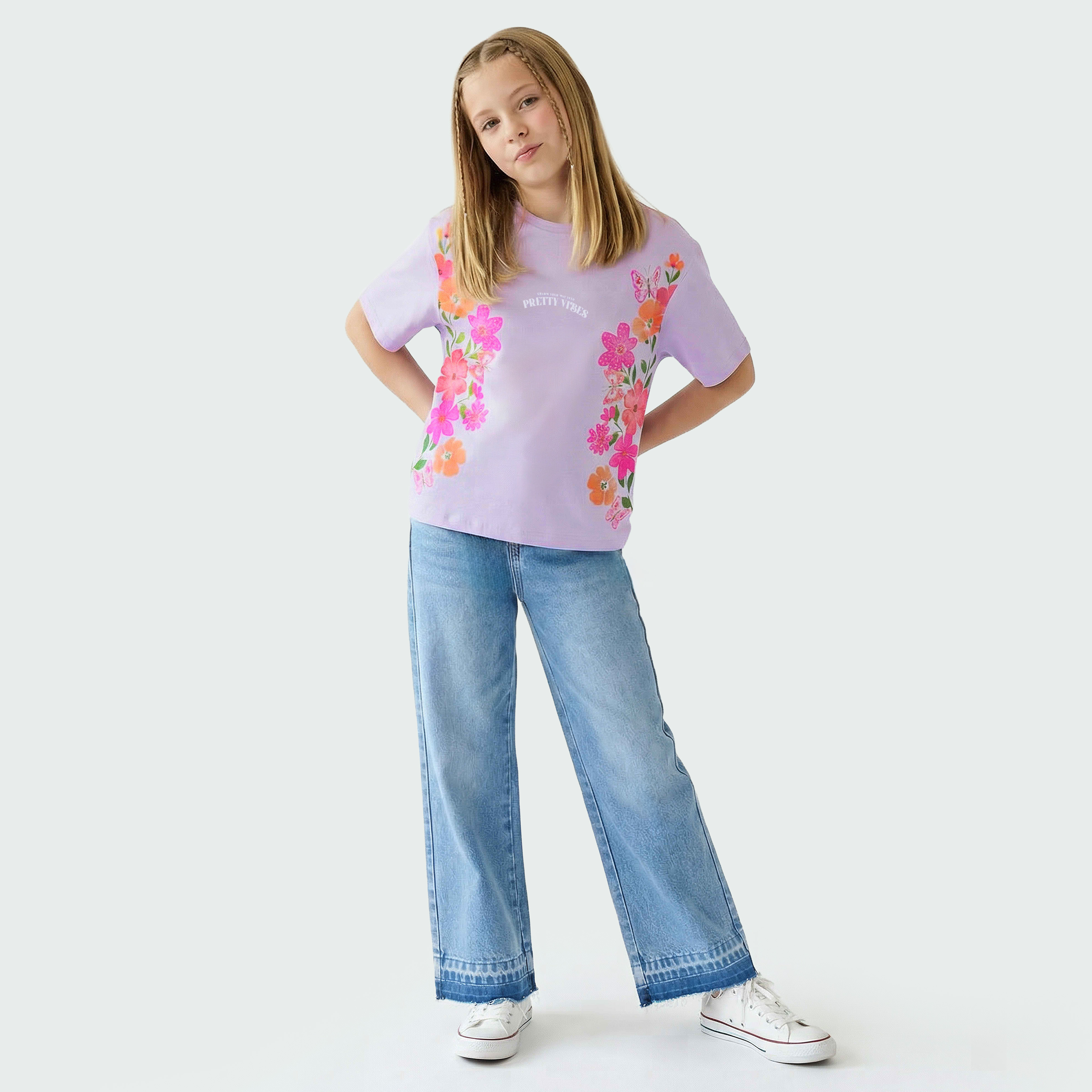 Juniors Crew Neck Short Sleeves T-shirt with Floral Print-girls-clothing-tshirts-image-2