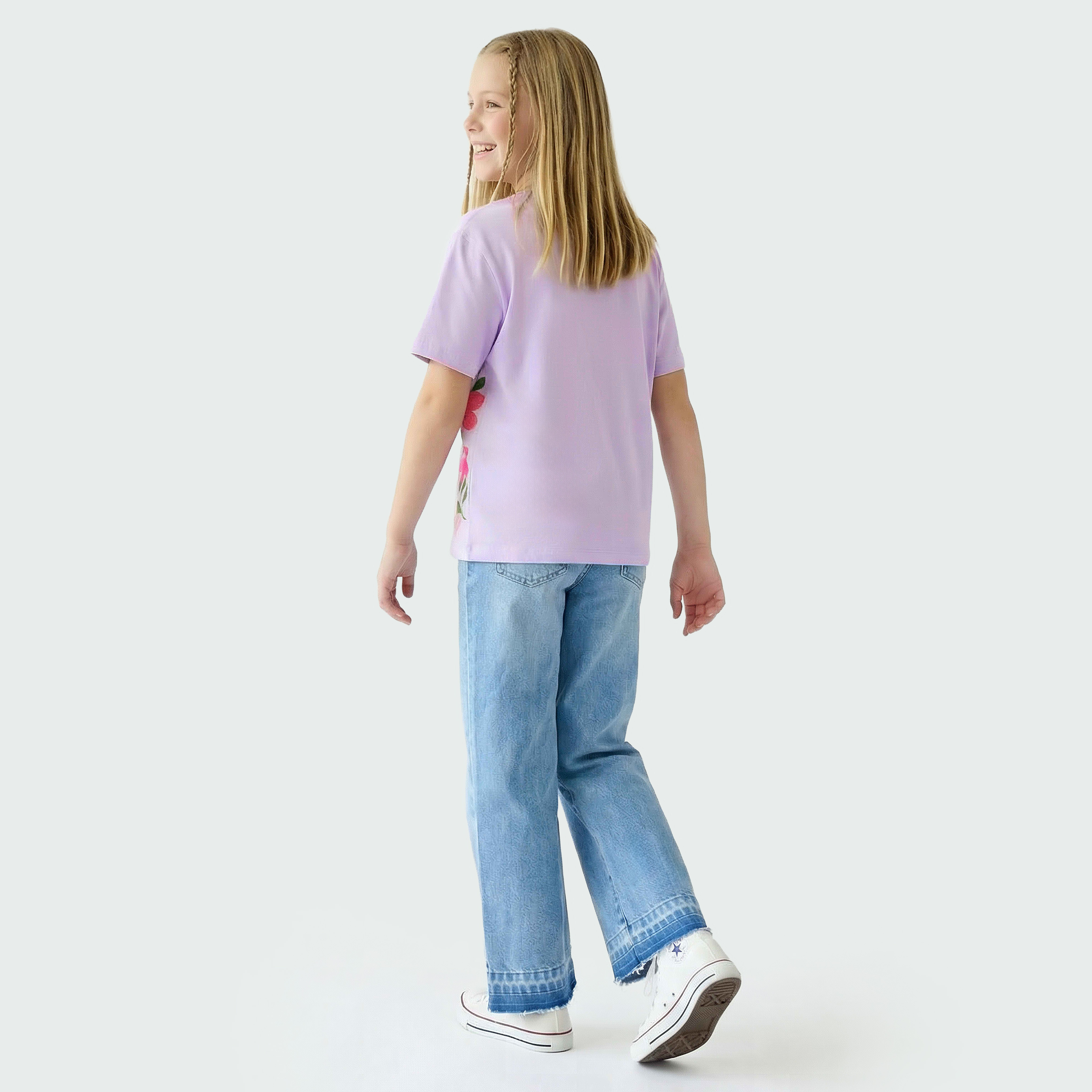 Juniors Crew Neck Short Sleeves T-shirt with Floral Print-girls-clothing-tshirts-image-3