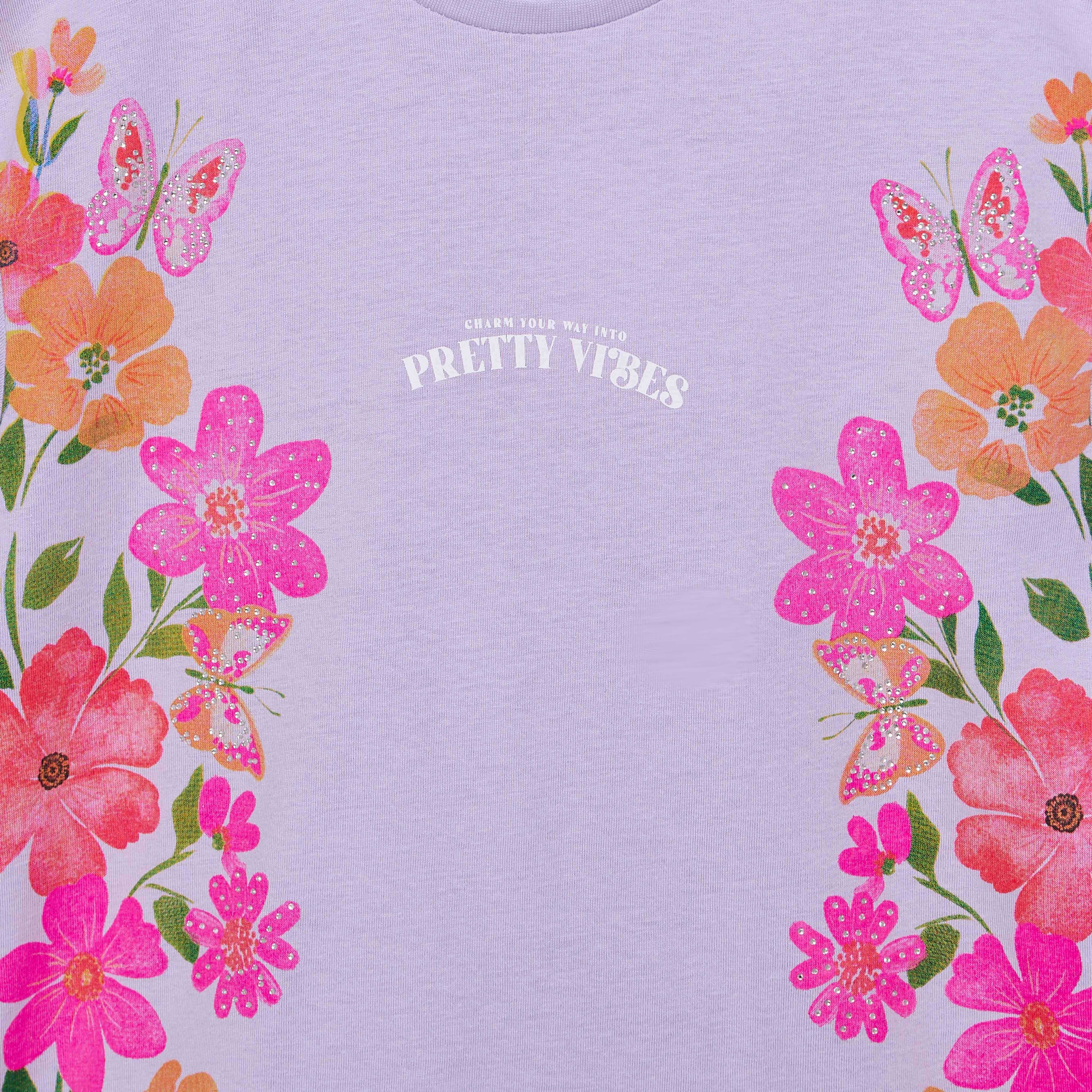 Juniors Crew Neck Short Sleeves T-shirt with Floral Print-girls-clothing-tshirts-image-4