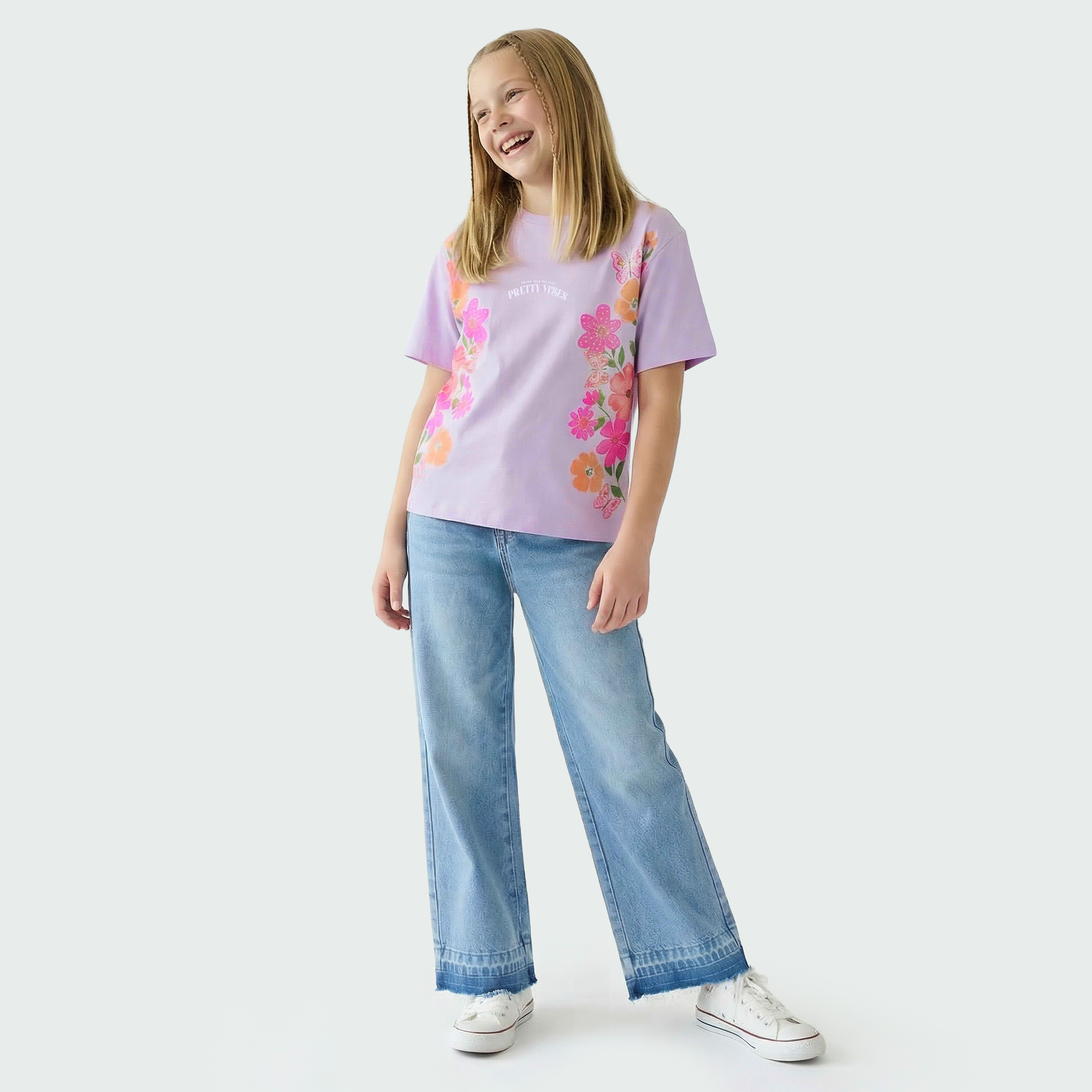 Juniors Crew Neck Short Sleeves T-shirt with Floral Print-girls-clothing-tshirts-image-5