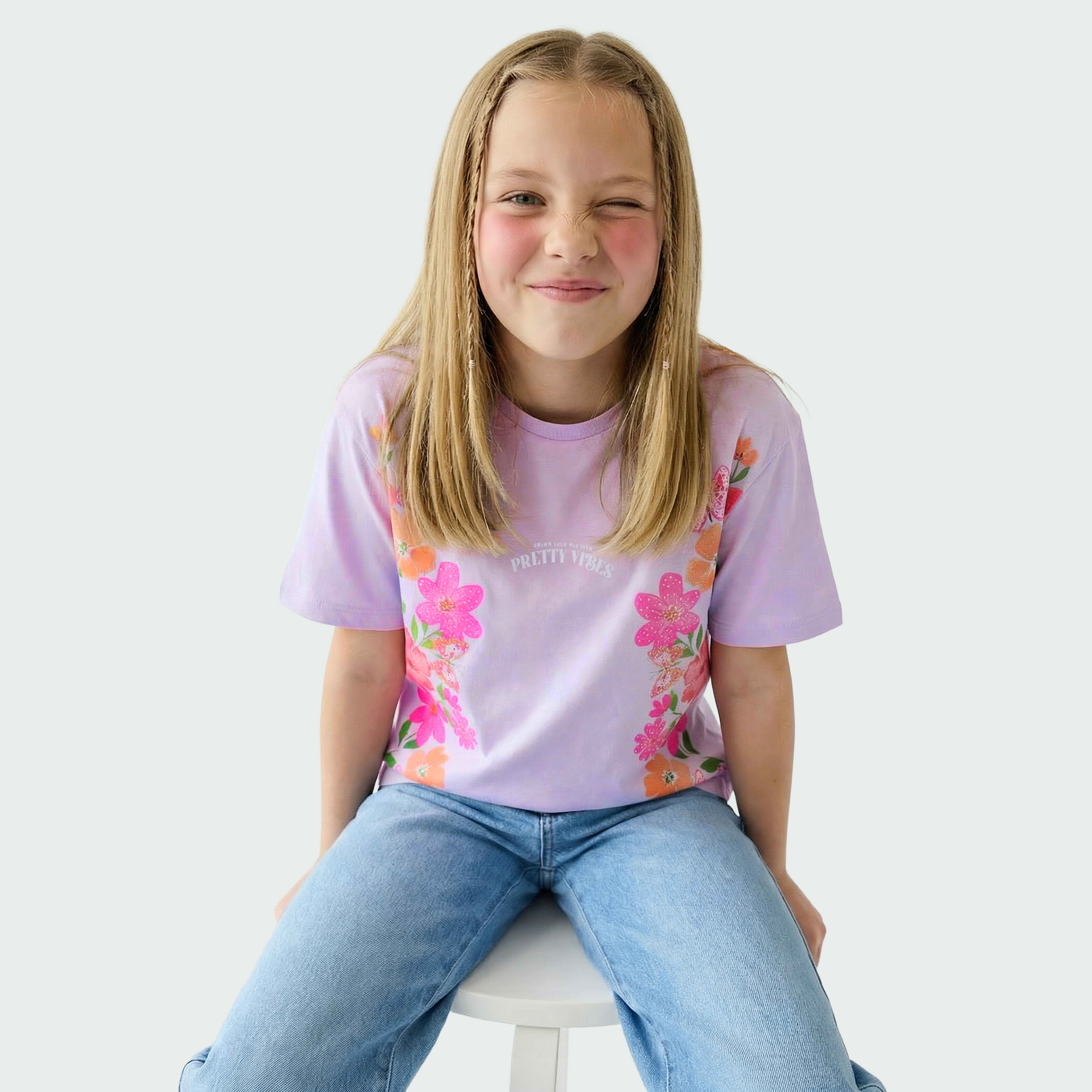 Juniors Crew Neck Short Sleeves T-shirt with Floral Print-girls-clothing-tshirts-image-6