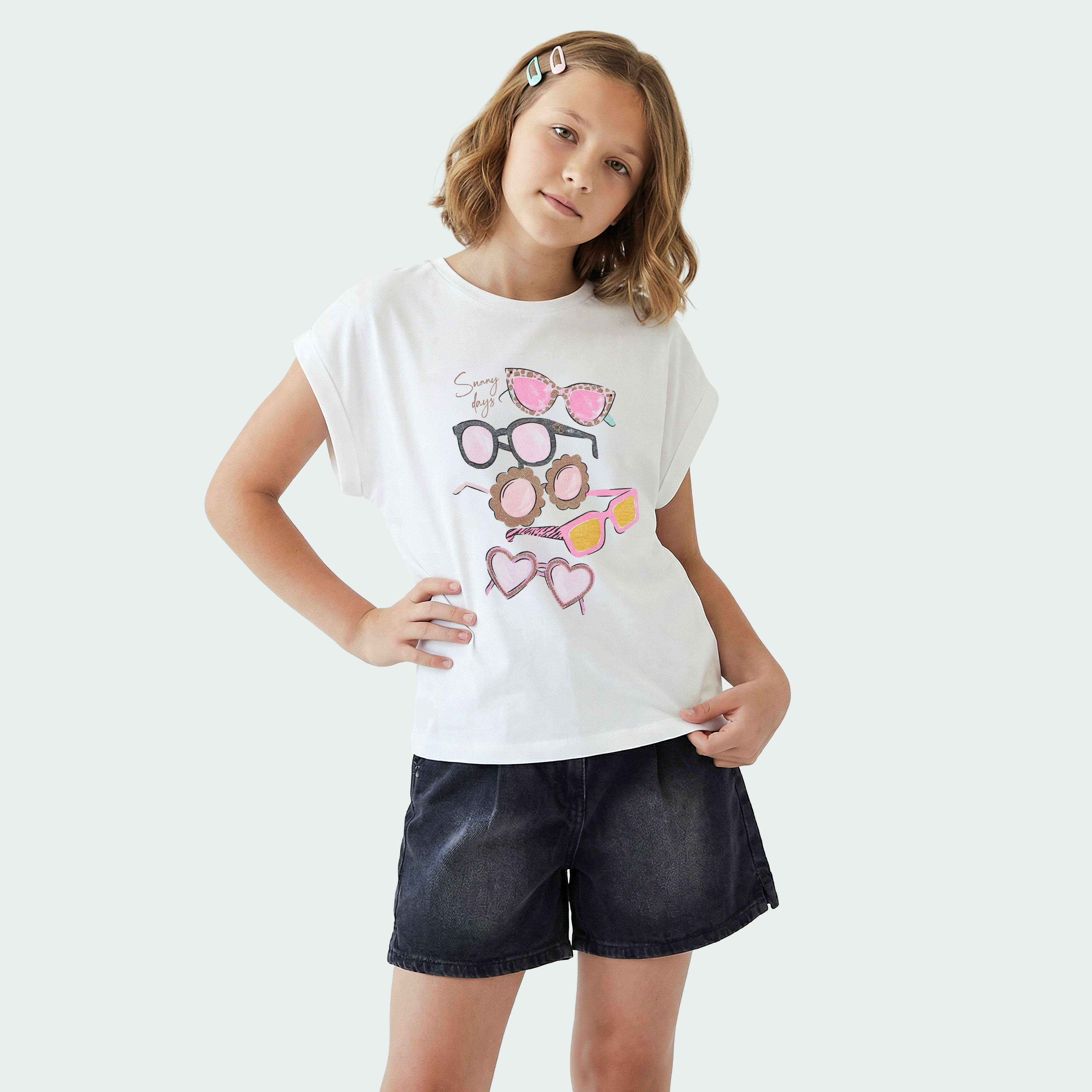 Juniors Round Neck Short Sleeves T-shirt with Sunglasses Print-girls-clothing-tshirts-image-1