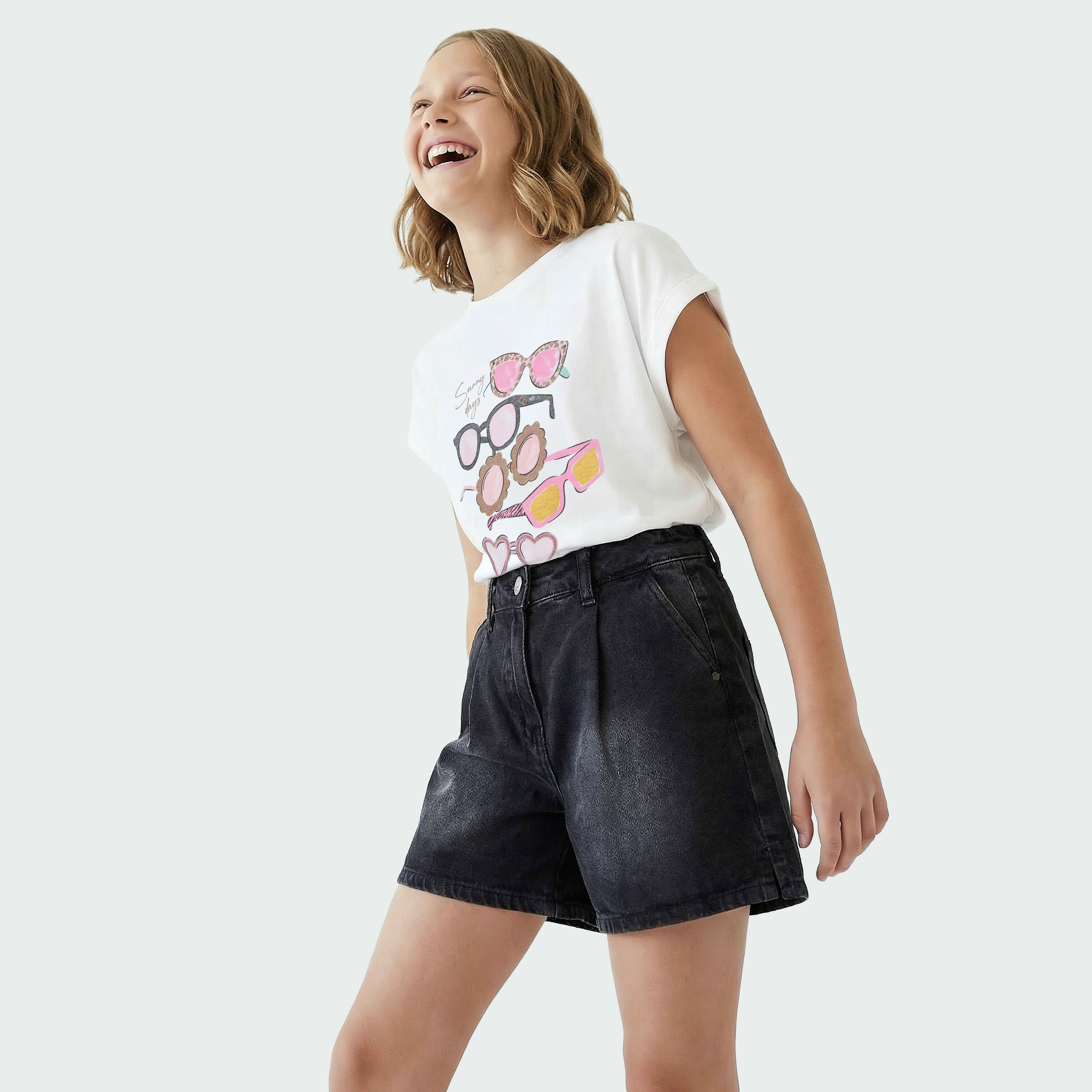 Juniors Round Neck Short Sleeves T-shirt with Sunglasses Print-girls-clothing-tshirts-image-5