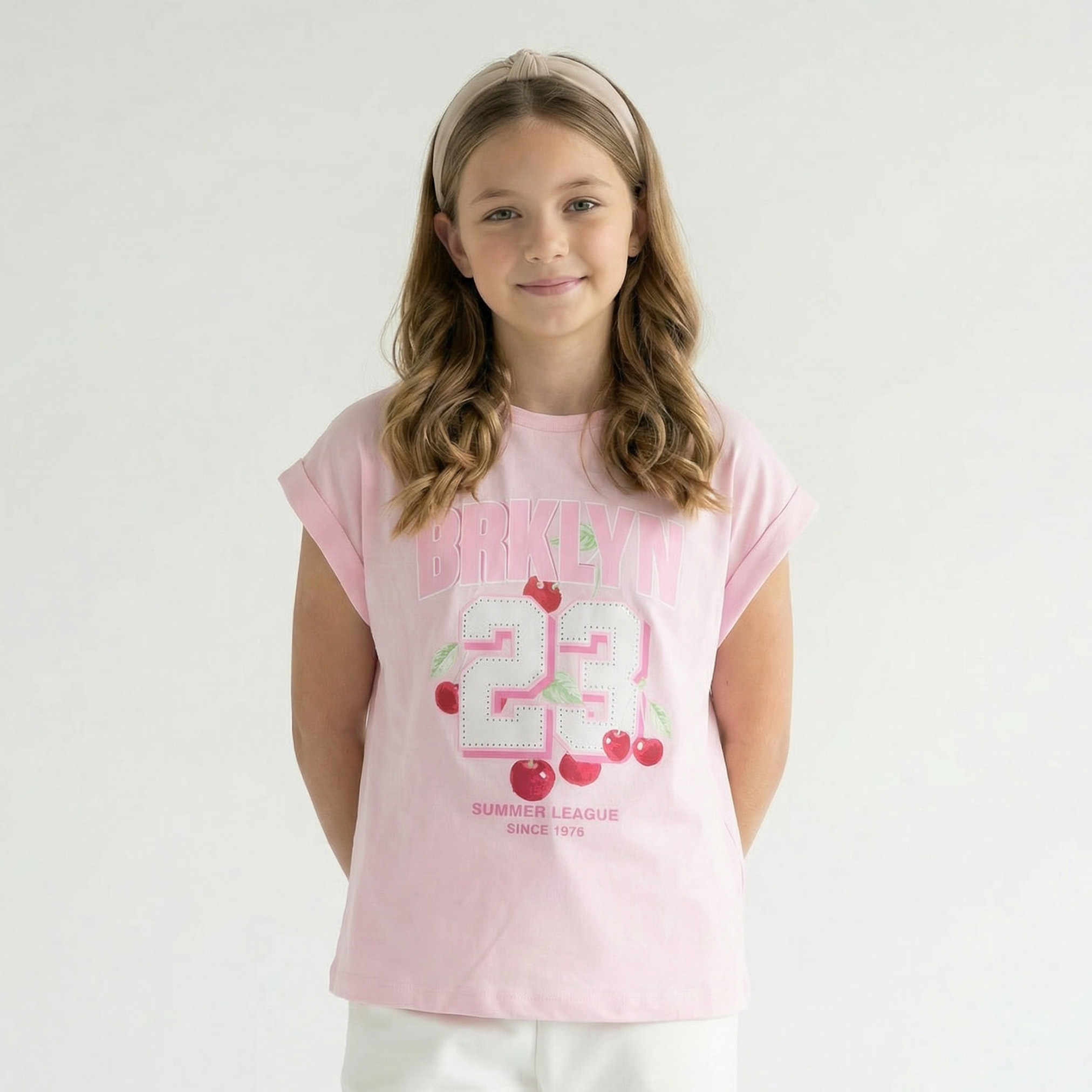 Juniors Crew Neck Short Sleeves T-shirt with Studded Detail-girls-clothing-tshirts-image-1