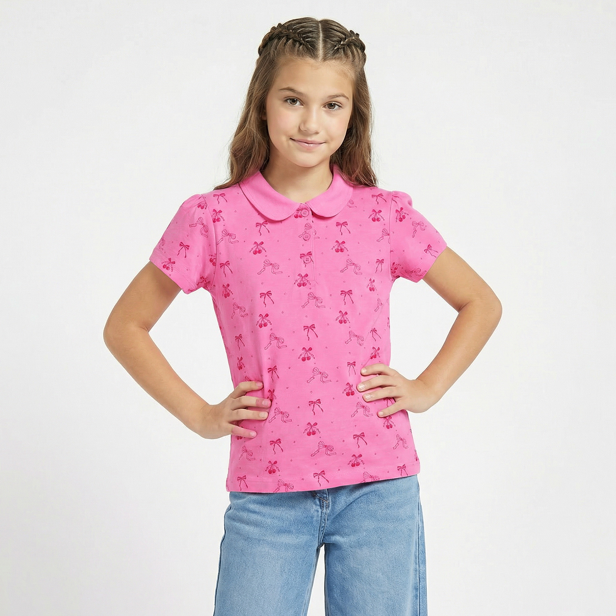 Juniors Collared Short Sleeves Polo T-shirt with Bow Print-girls-clothing-tshirts-image-1