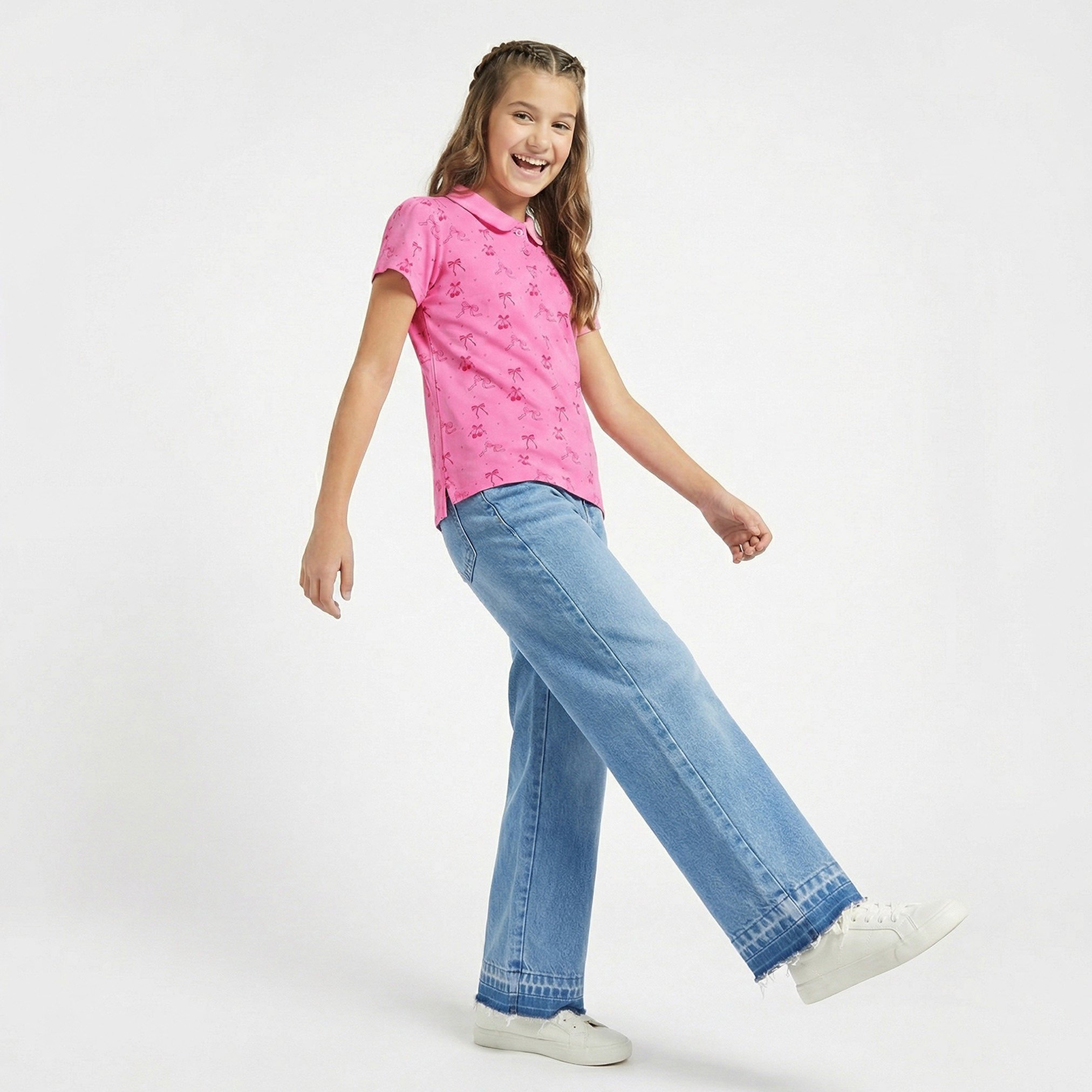 Juniors Collared Short Sleeves Polo T-shirt with Bow Print-girls-clothing-tshirts-image-2