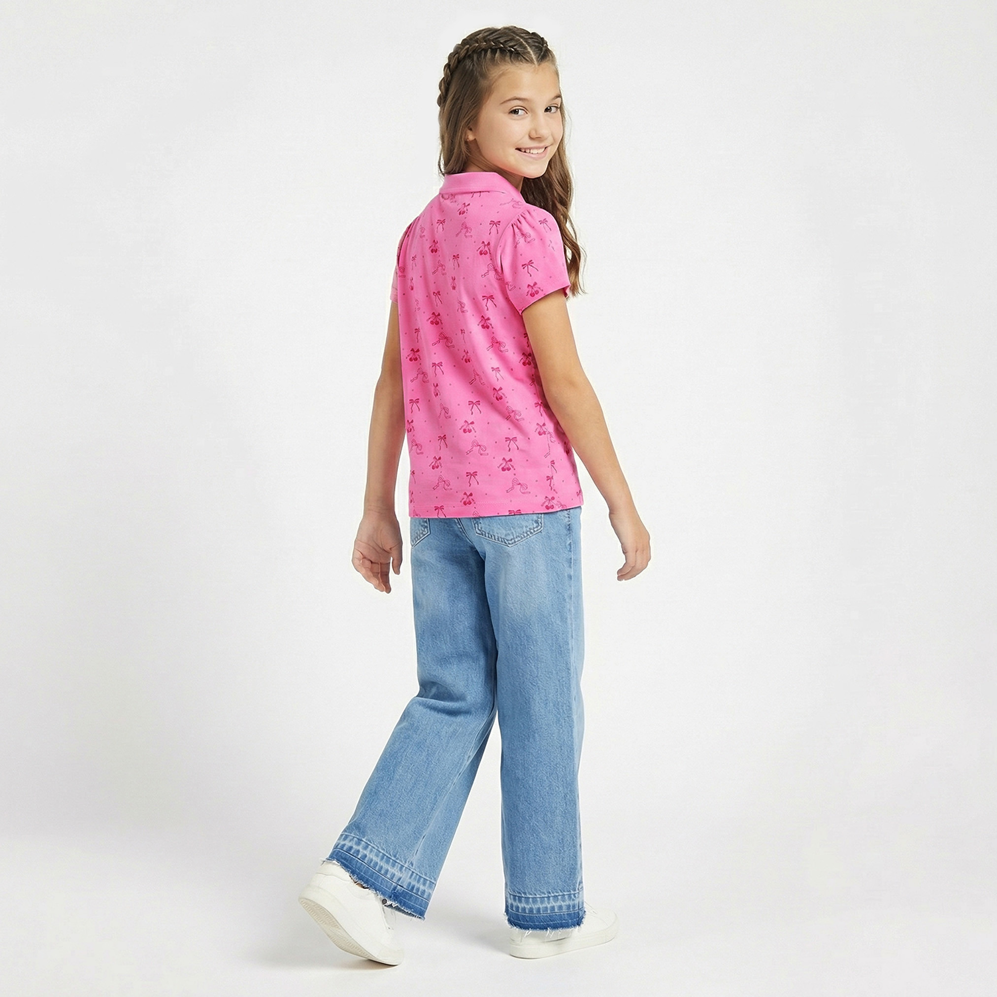 Juniors Collared Short Sleeves Polo T-shirt with Bow Print-girls-clothing-tshirts-image-3