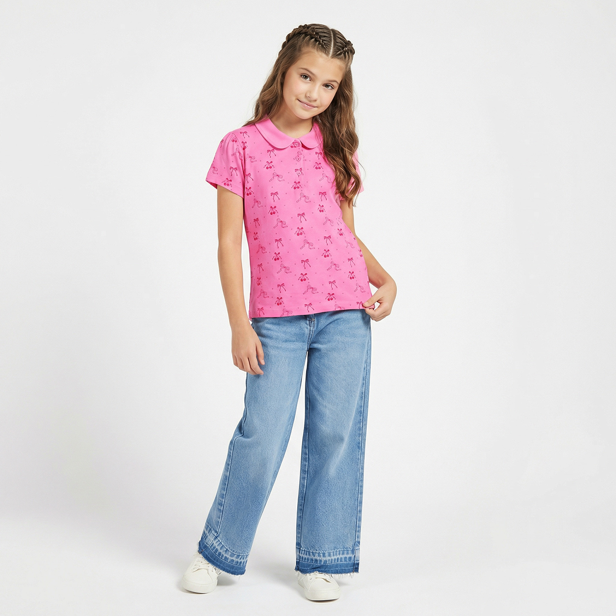 Juniors Collared Short Sleeves Polo T-shirt with Bow Print-girls-clothing-tshirts-image-5