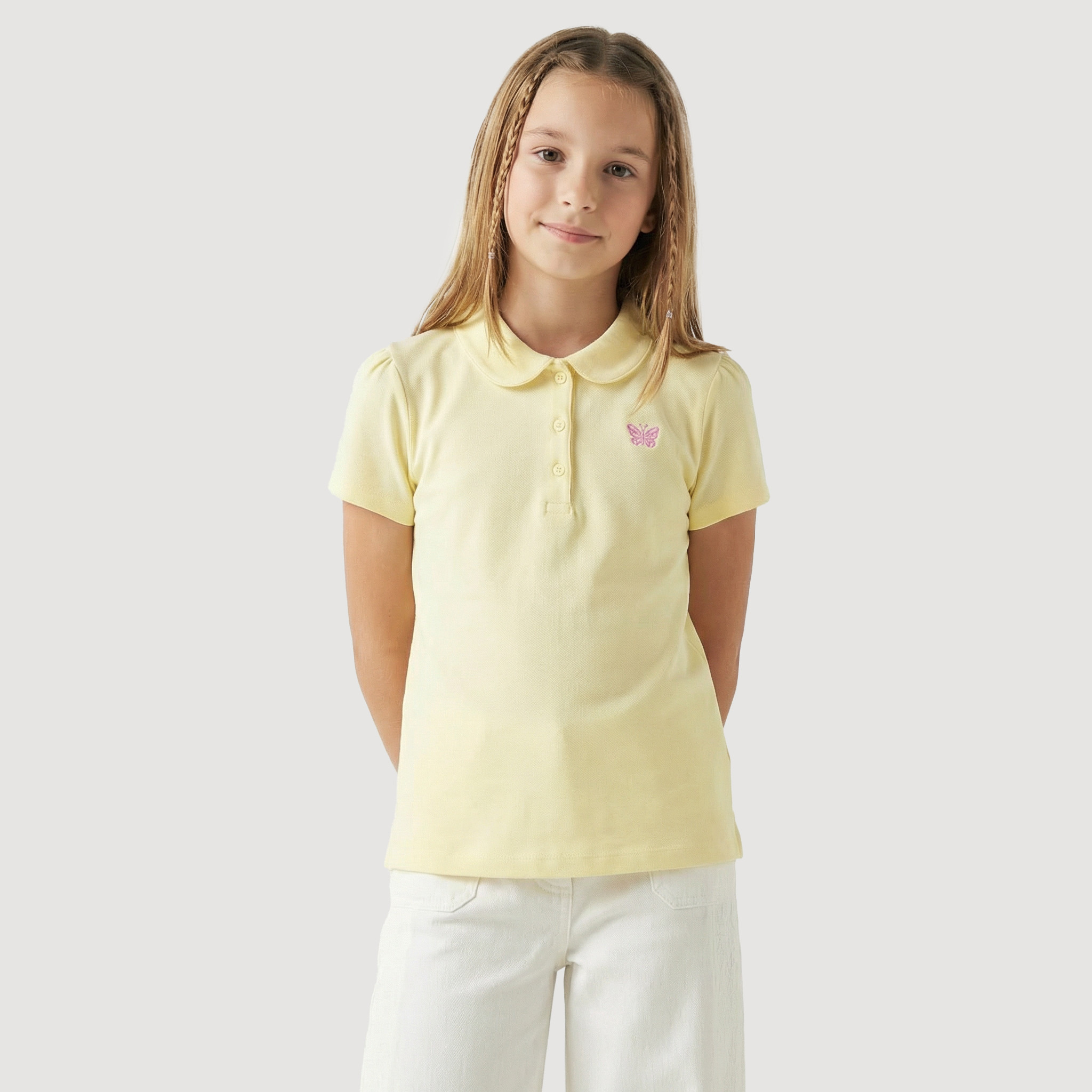 Juniors Collared Short Sleeve Polo T-shirt with Butterfly Embroidery-girls-clothing-tshirts-image-1