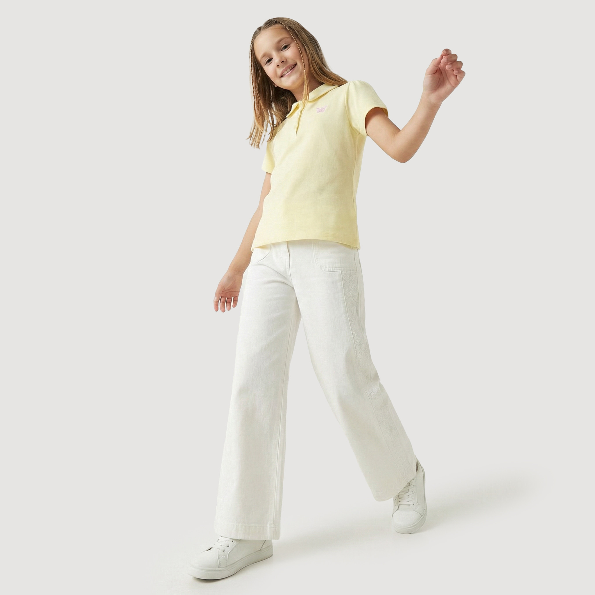Juniors Collared Short Sleeve Polo T-shirt with Butterfly Embroidery-girls-clothing-tshirts-image-2