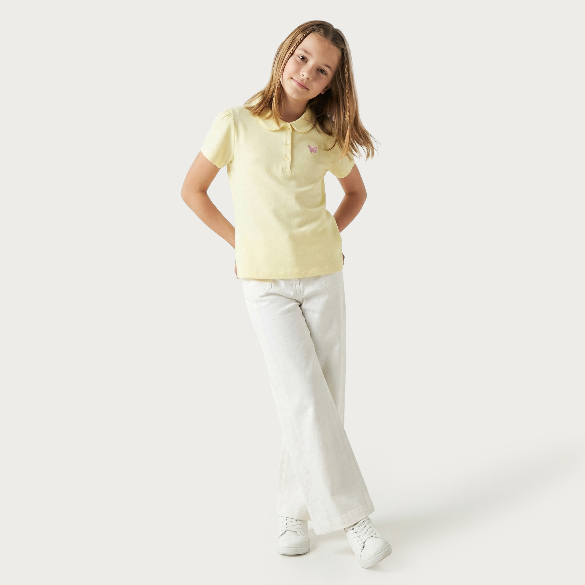 Juniors Collared Short Sleeve Polo T-shirt with Butterfly Embroidery-girls-clothing-tshirts-image-5