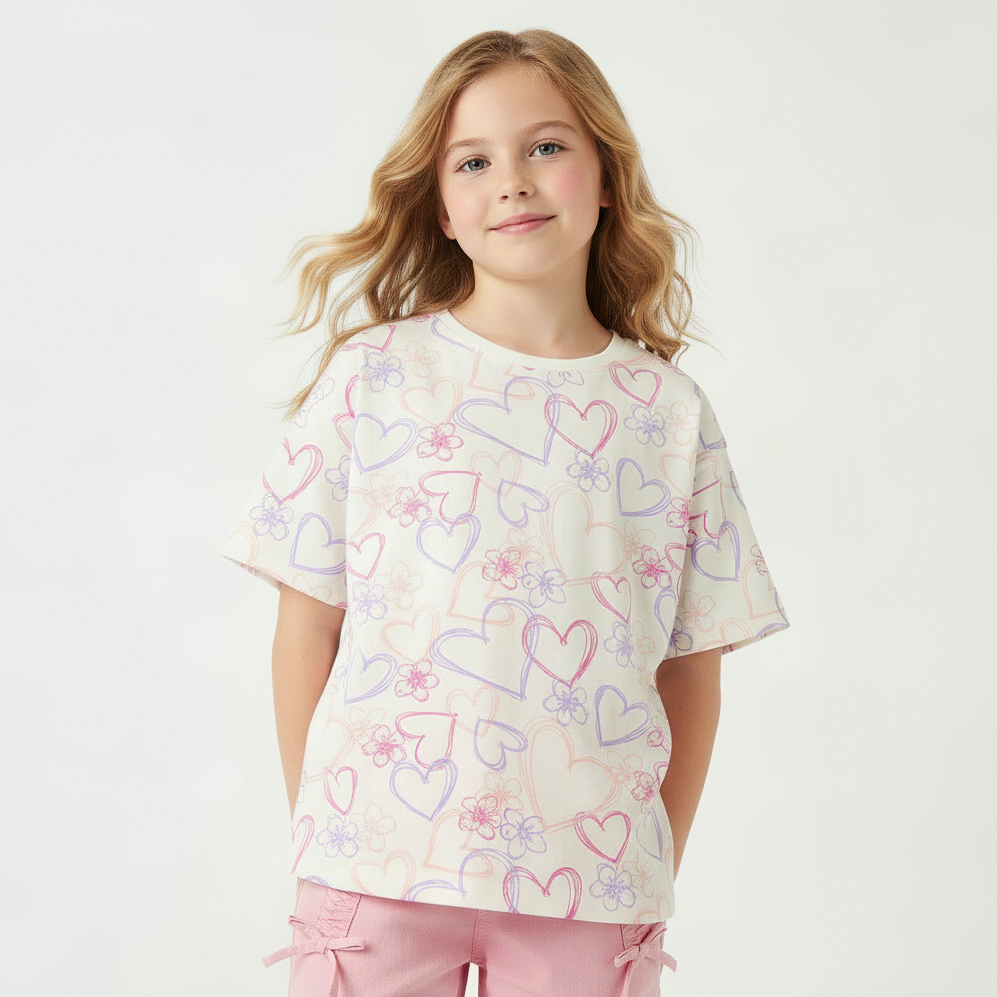 Juniors Crew Neck Short Sleeves T-shirt with Heart Print-girls-clothing-tshirts-image-1