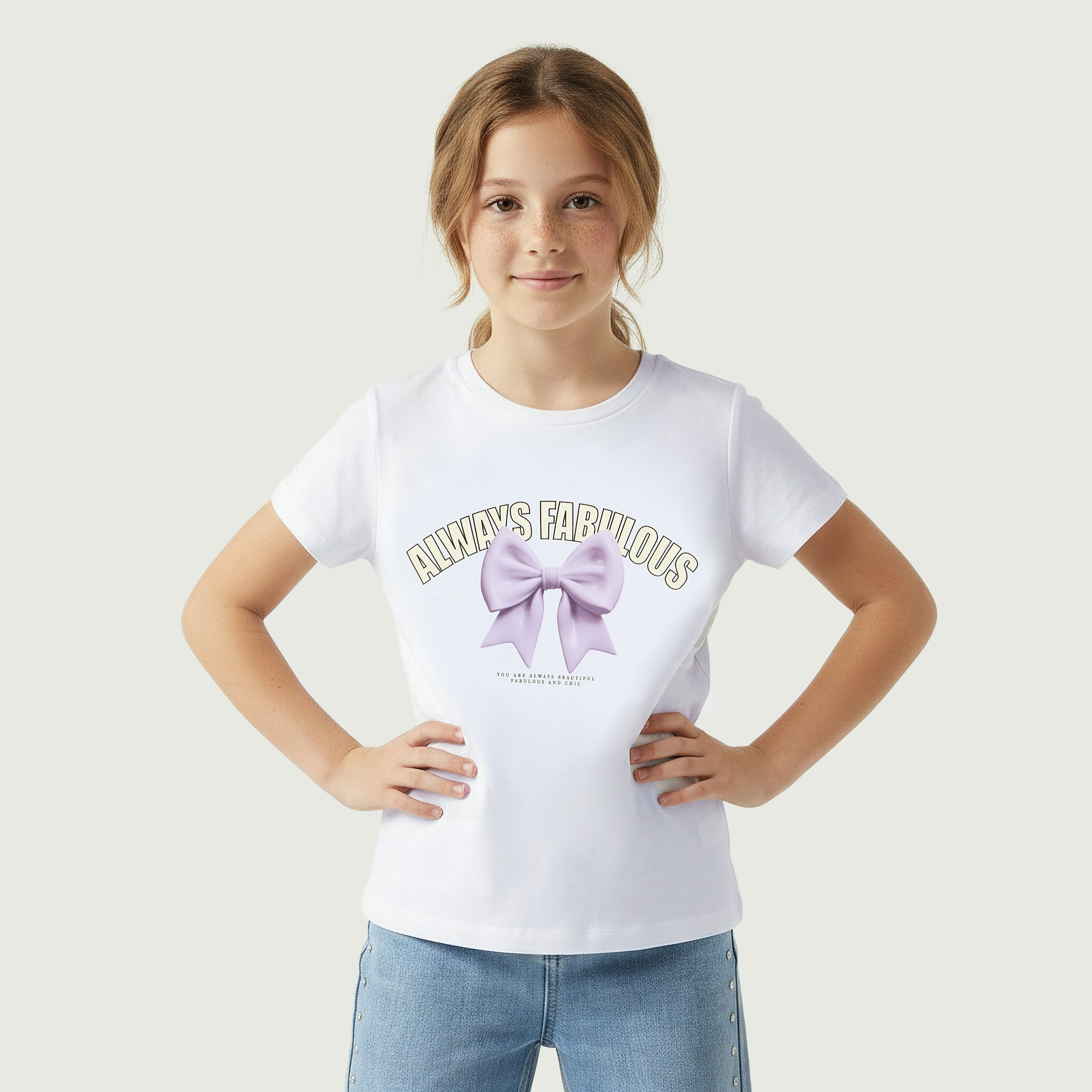 Juniors Crew Neck Short Sleeves T-shirt with Bow Print-girls-clothing-tshirts-image-1