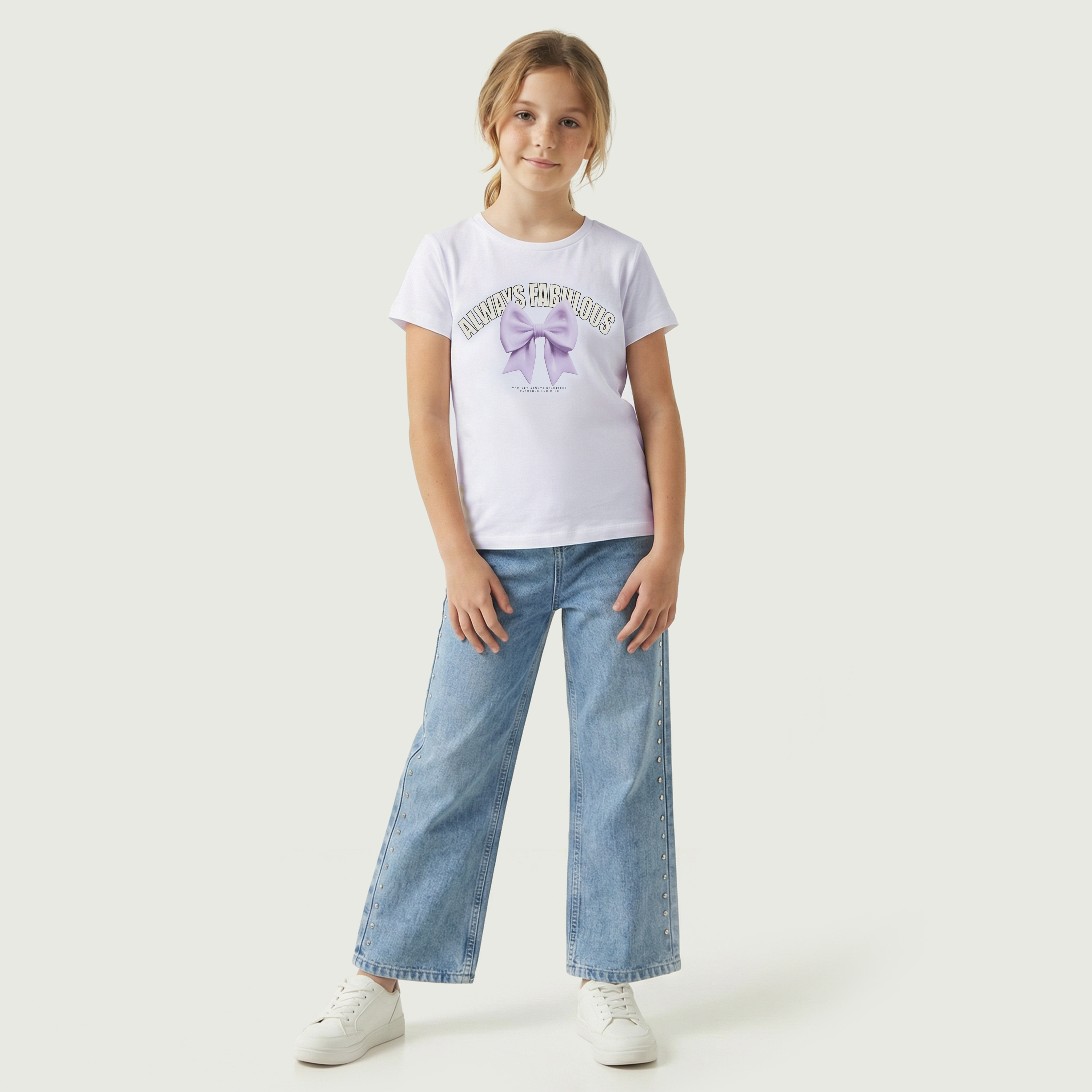 Juniors Crew Neck Short Sleeves T-shirt with Bow Print-girls-clothing-tshirts-image-2