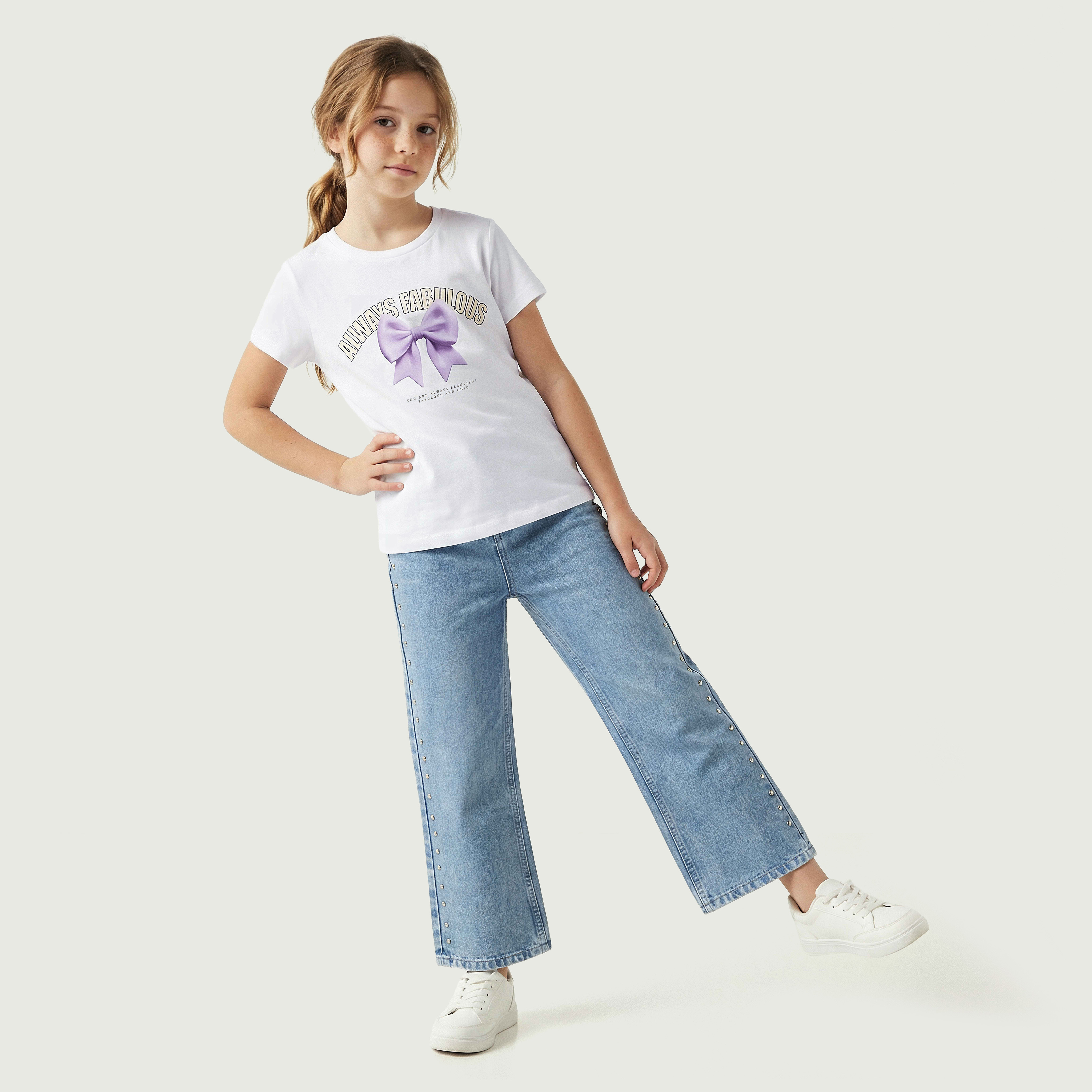 Juniors Crew Neck Short Sleeves T-shirt with Bow Print-girls-clothing-tshirts-image-5