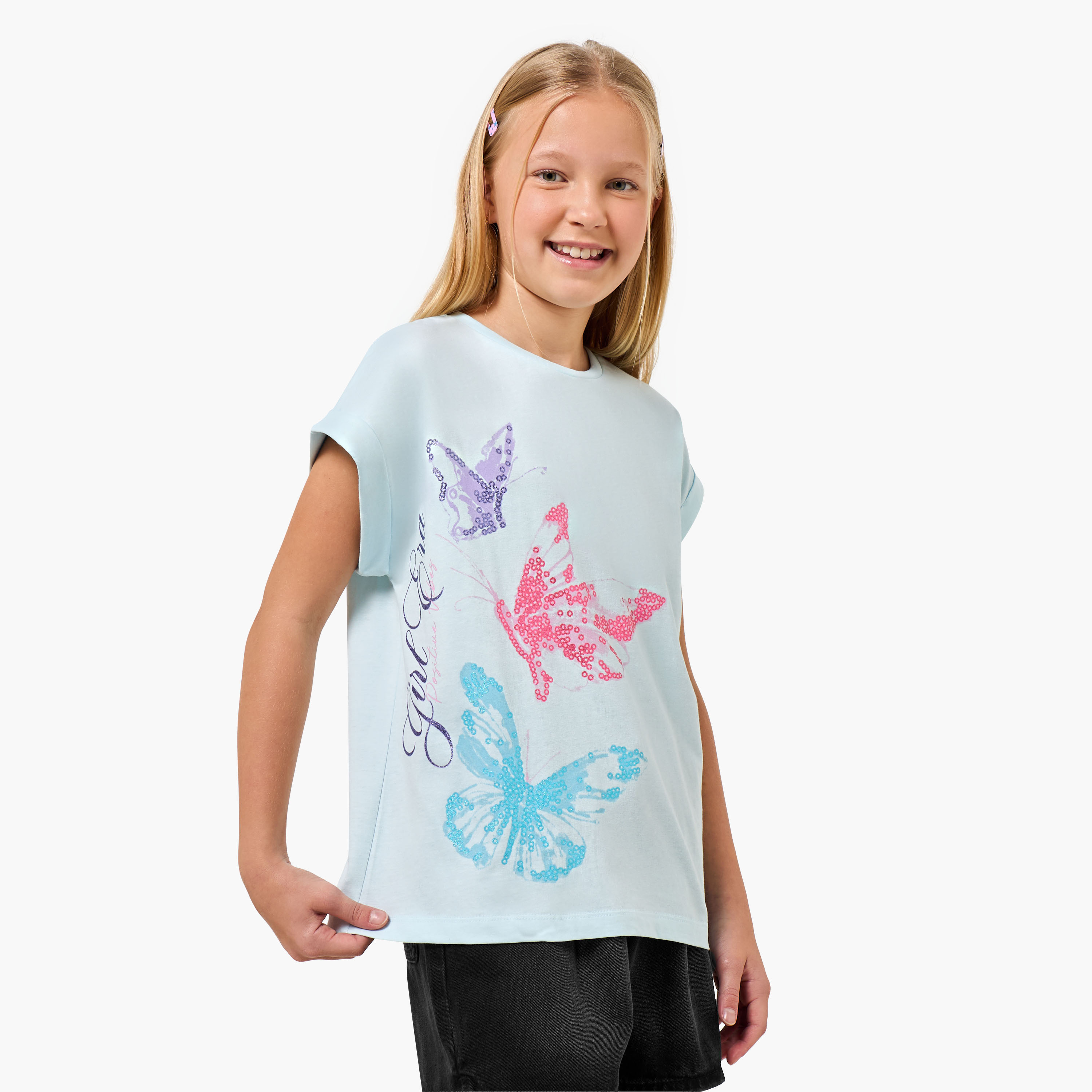 Juniors Crew Neck Cap Sleeves T-shirt with Butterfly Glitter Print-girls-clothing-tshirts-image-1