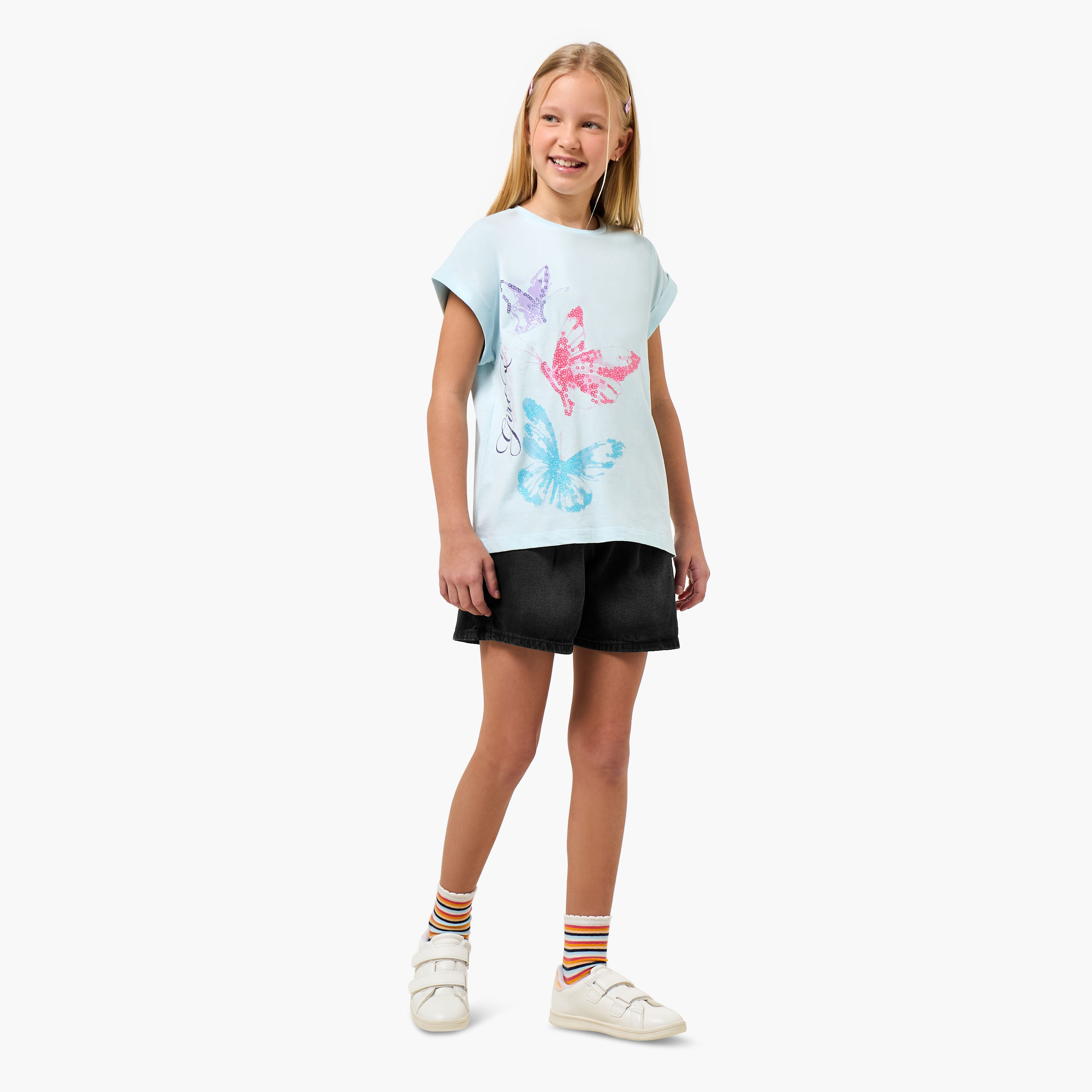 Juniors Crew Neck Cap Sleeves T-shirt with Butterfly Glitter Print-girls-clothing-tshirts-image-2