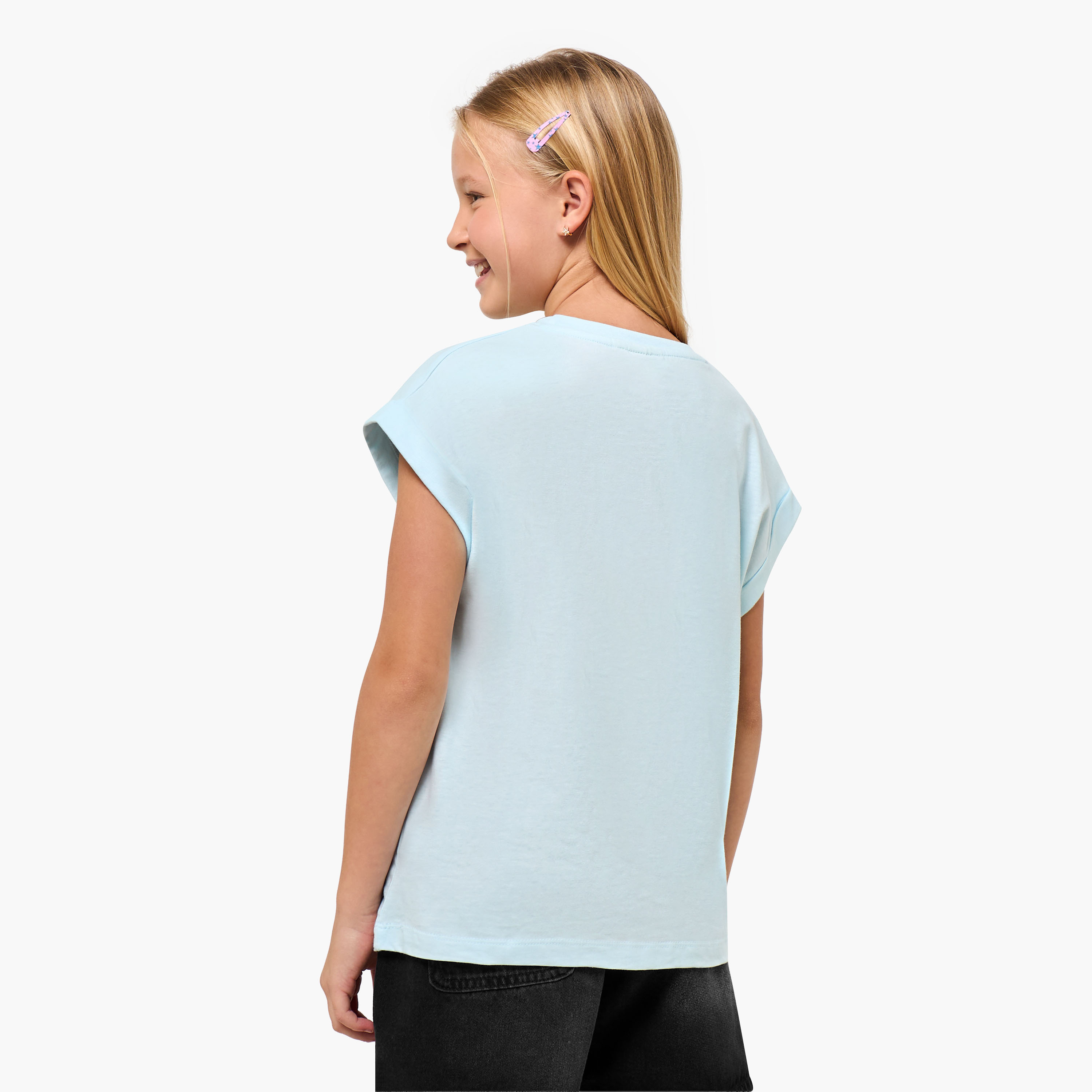 Juniors Crew Neck Cap Sleeves T-shirt with Butterfly Glitter Print-girls-clothing-tshirts-image-3