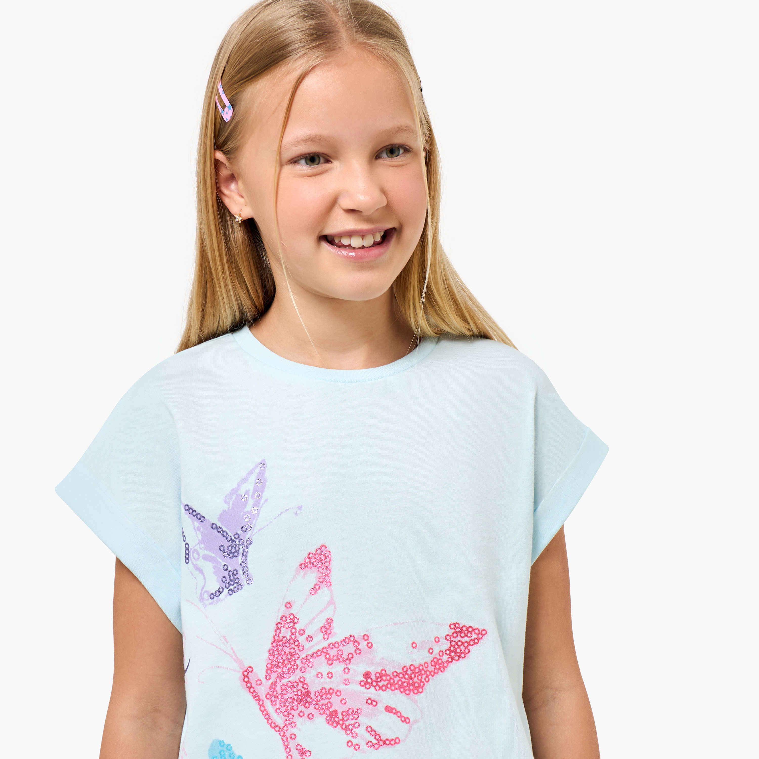 Juniors Crew Neck Cap Sleeves T-shirt with Butterfly Glitter Print-girls-clothing-tshirts-image-4