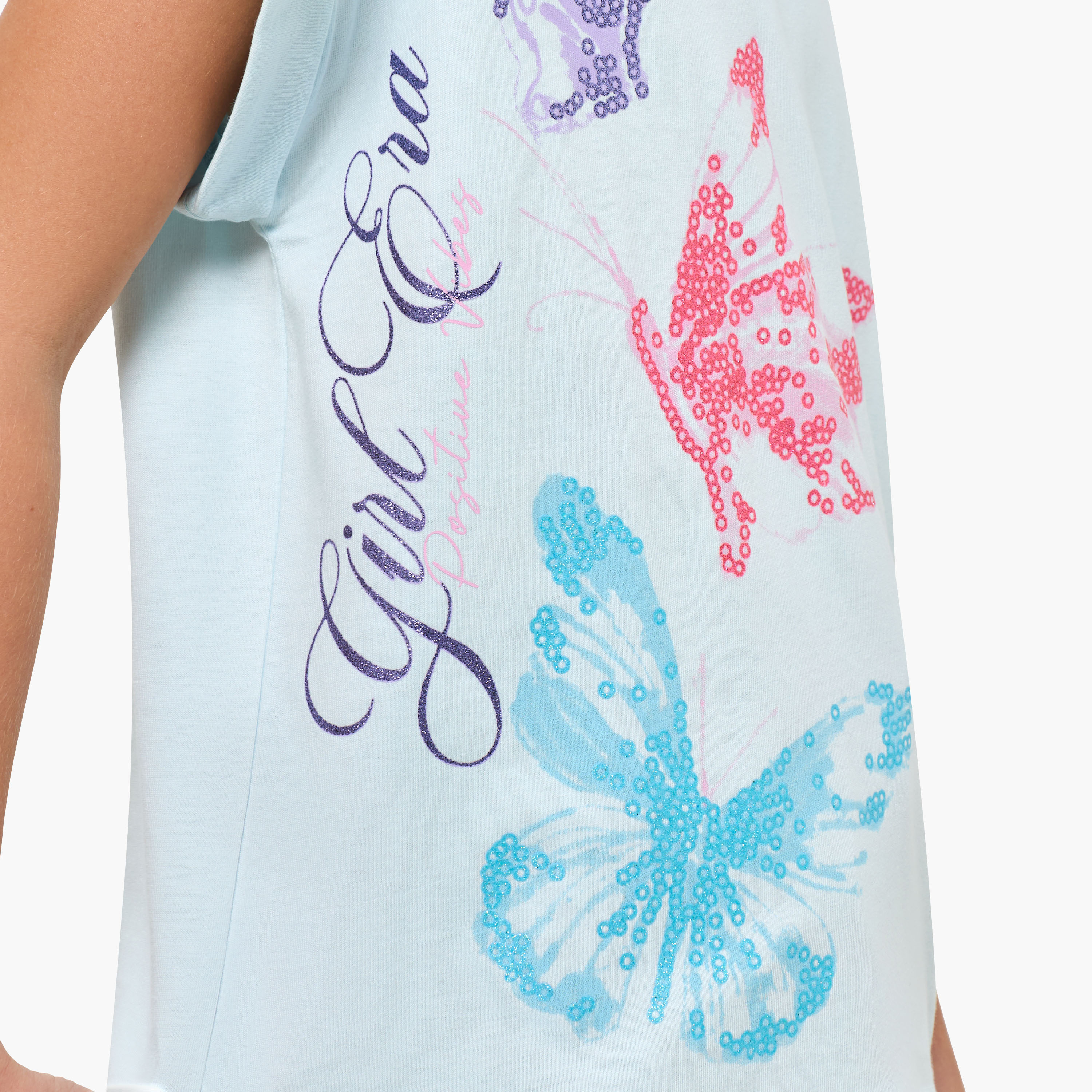 Juniors Crew Neck Cap Sleeves T-shirt with Butterfly Glitter Print-girls-clothing-tshirts-image-5
