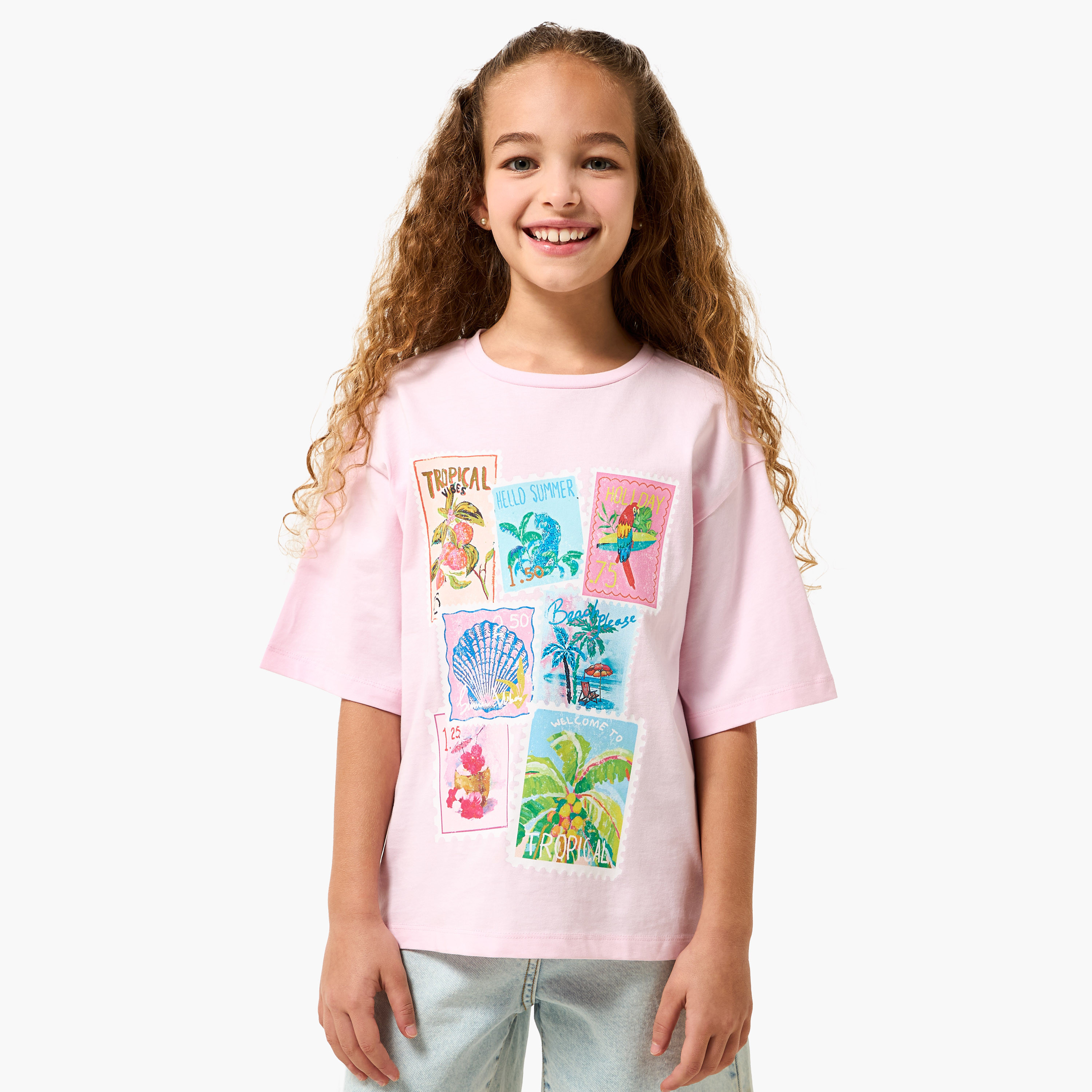 Juniors Crew Neck Short Sleeves T-shirt with Graphic Print-girls-clothing-tshirts-image-2