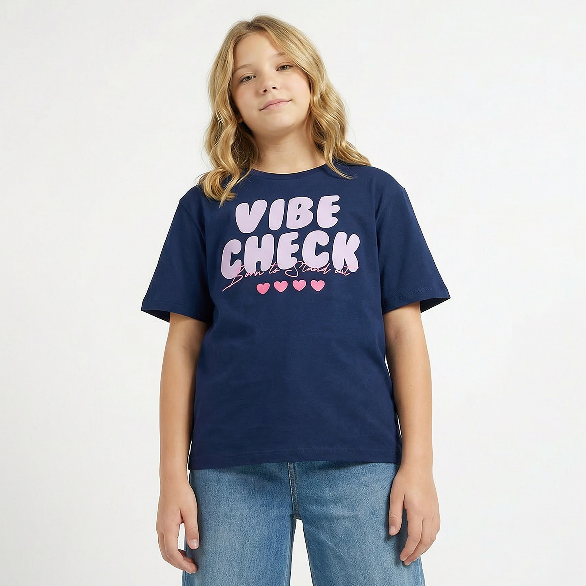 Juniors Crew Neck Short Sleeves T-shirt with Slogan Print-girls-clothing-tshirts-image-1
