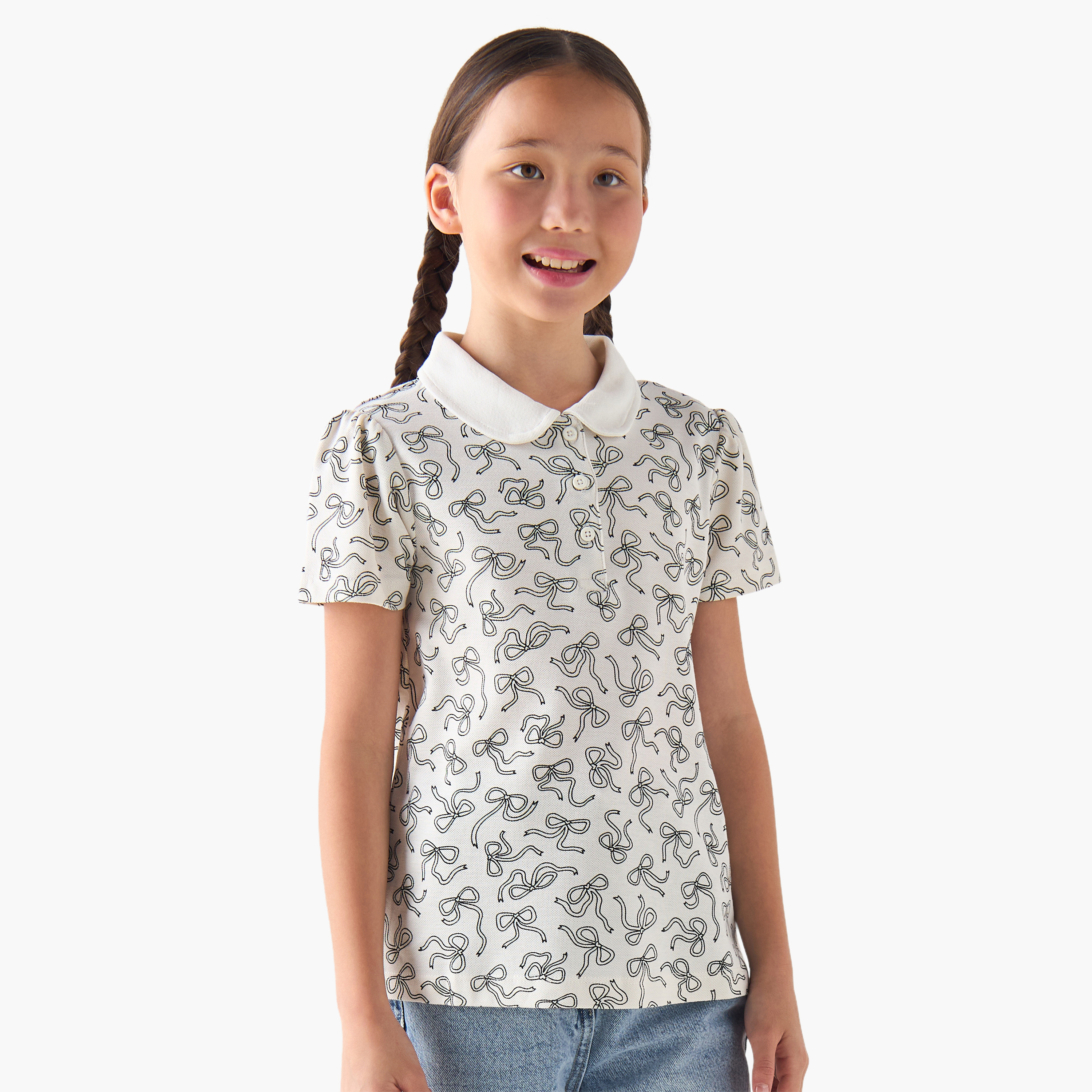 Juniors Peter Pan Collar Short Sleeves T-shirt with Bow Print-girls-clothing-tshirts-image-1