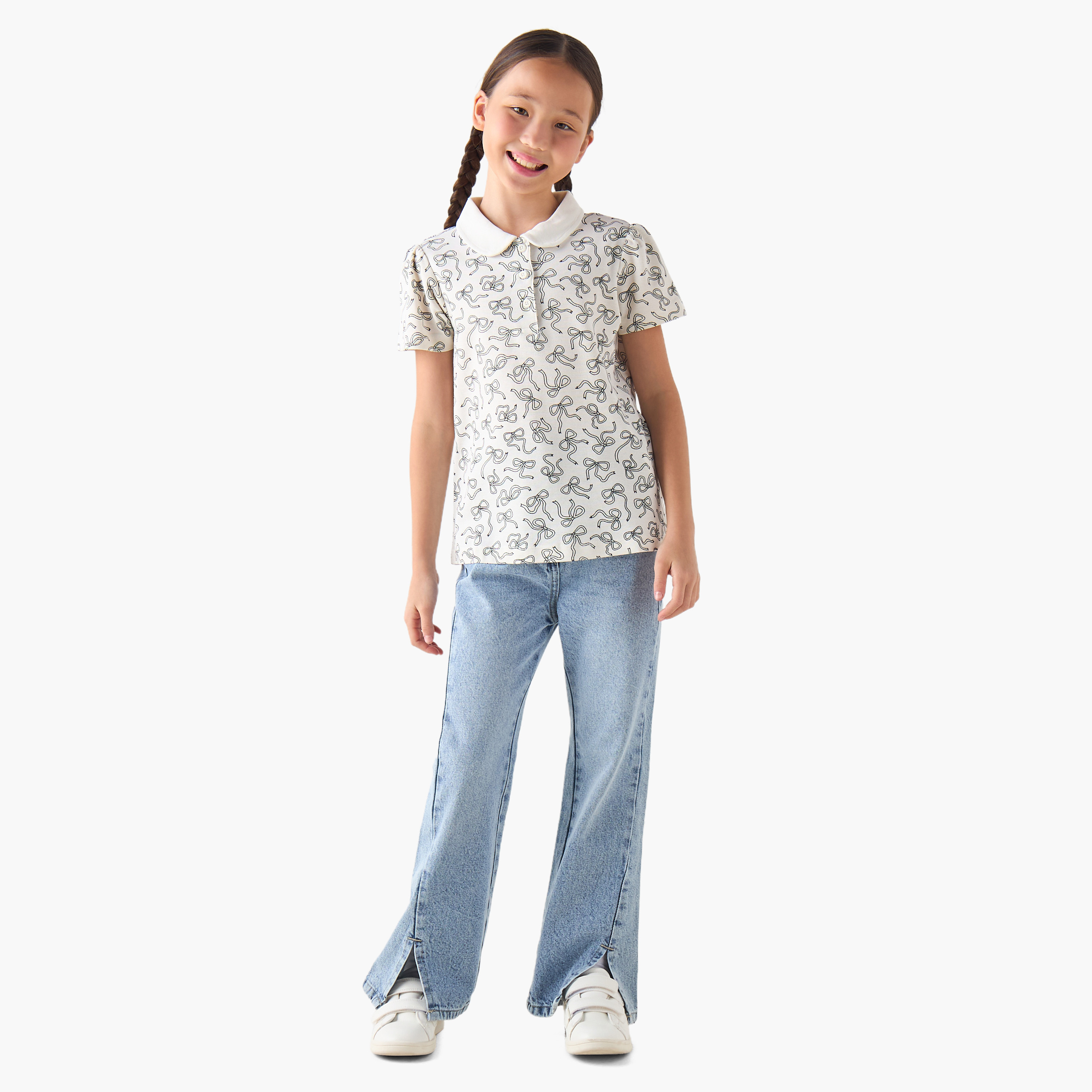 Juniors Peter Pan Collar Short Sleeves T-shirt with Bow Print-girls-clothing-tshirts-image-2