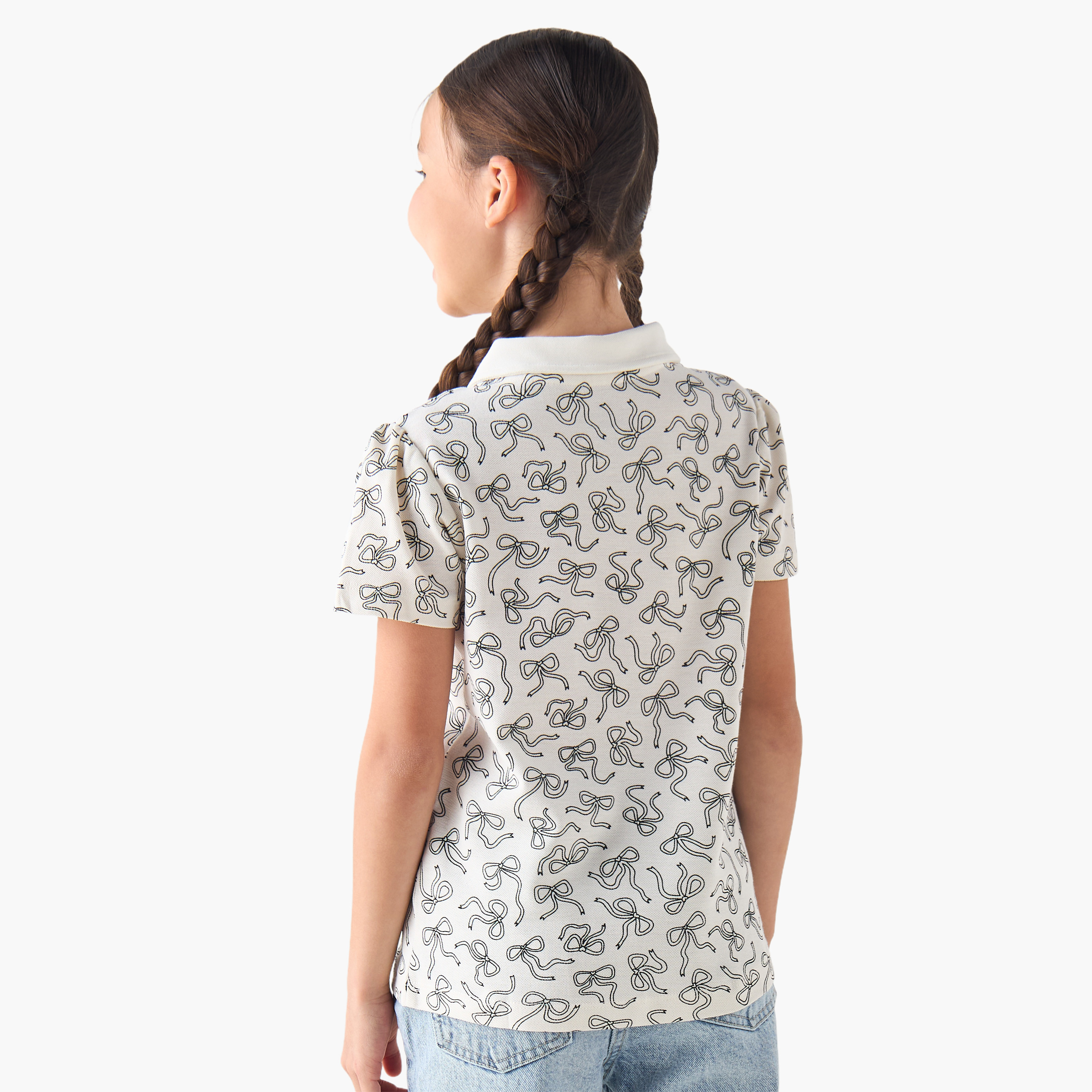 Juniors Peter Pan Collar Short Sleeves T-shirt with Bow Print-girls-clothing-tshirts-image-3