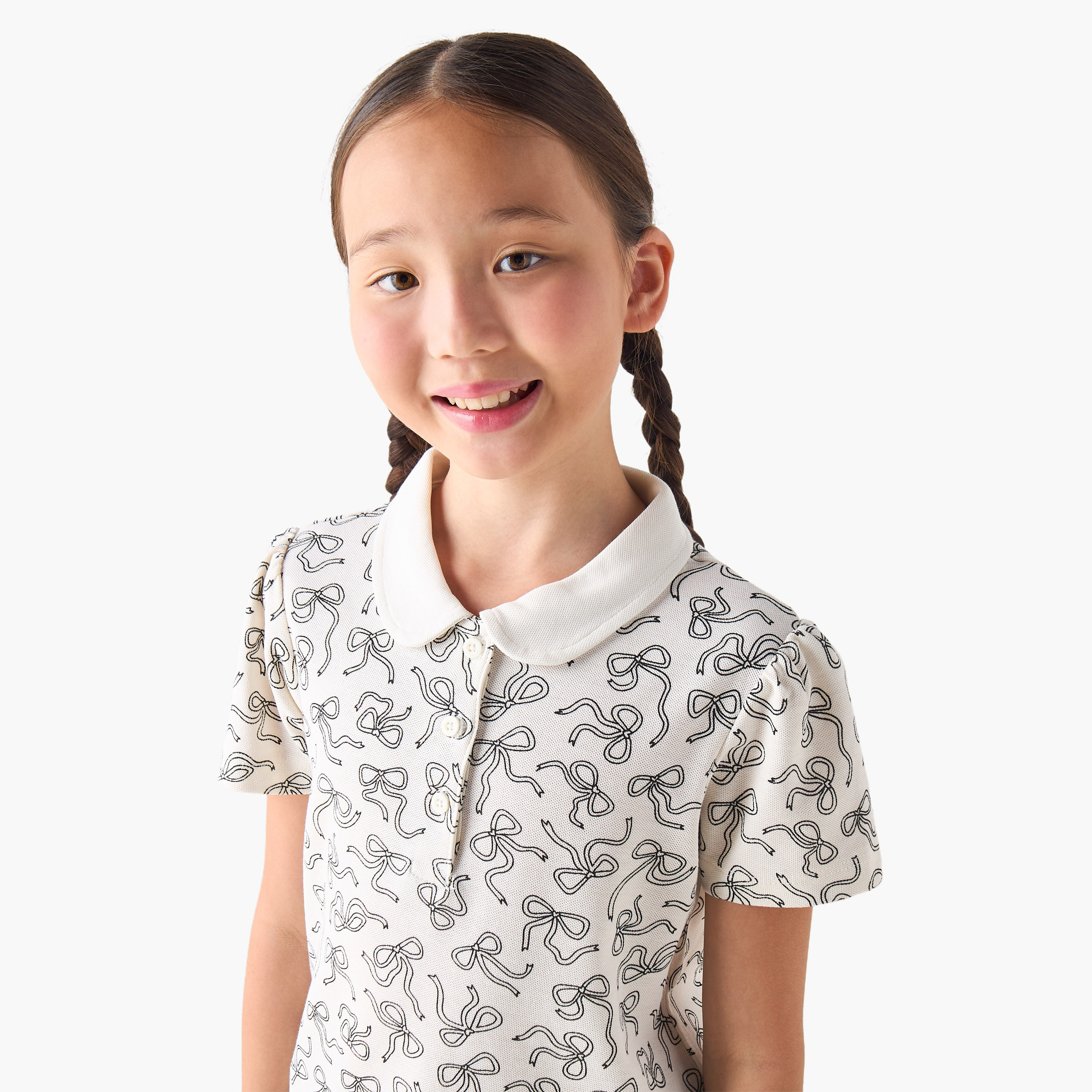Juniors Peter Pan Collar Short Sleeves T-shirt with Bow Print-girls-clothing-tshirts-image-4