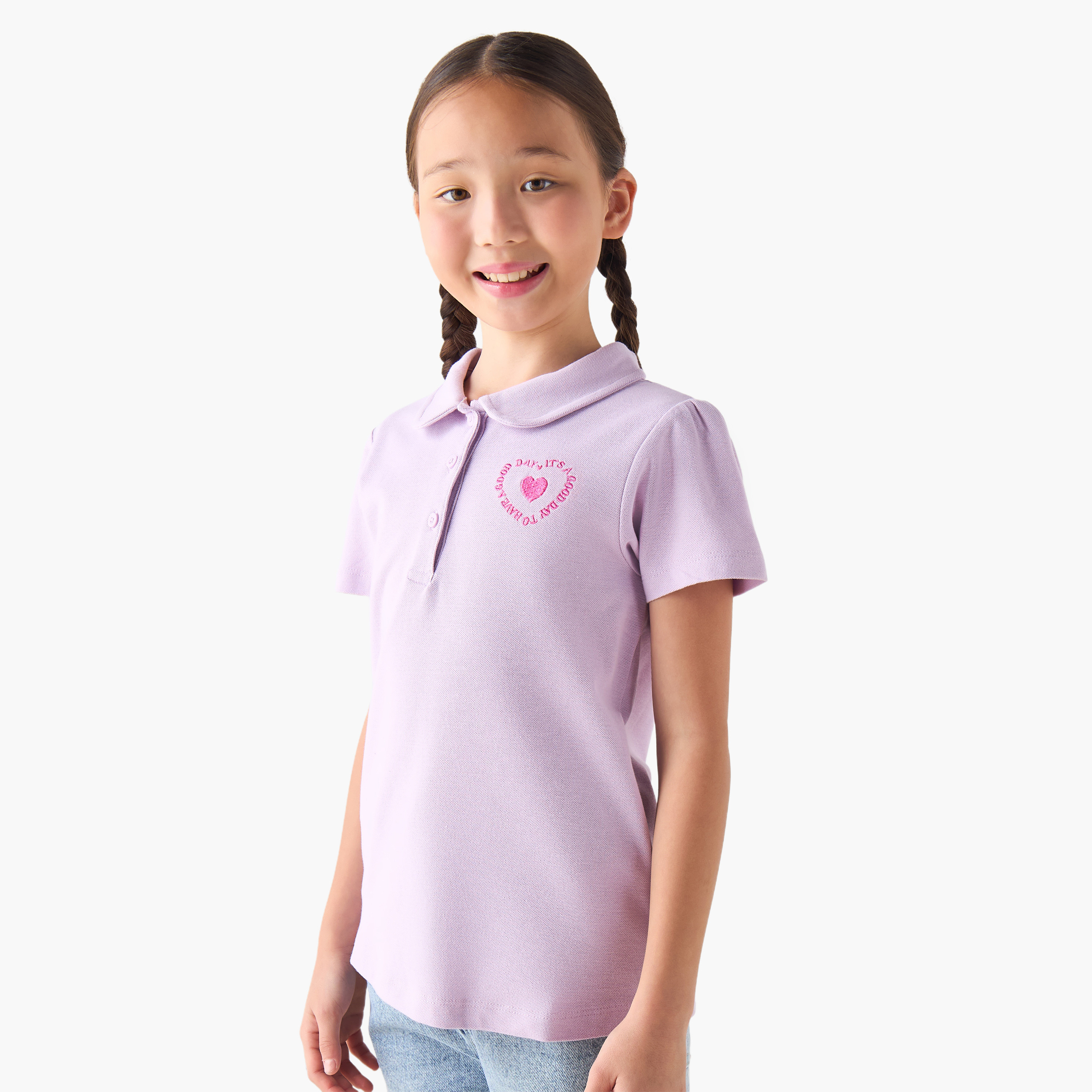 Juniors Peter Pan Collar Short Sleeves Polo T-shirt with Heart Embroidery-girls-clothing-tshirts-image-1