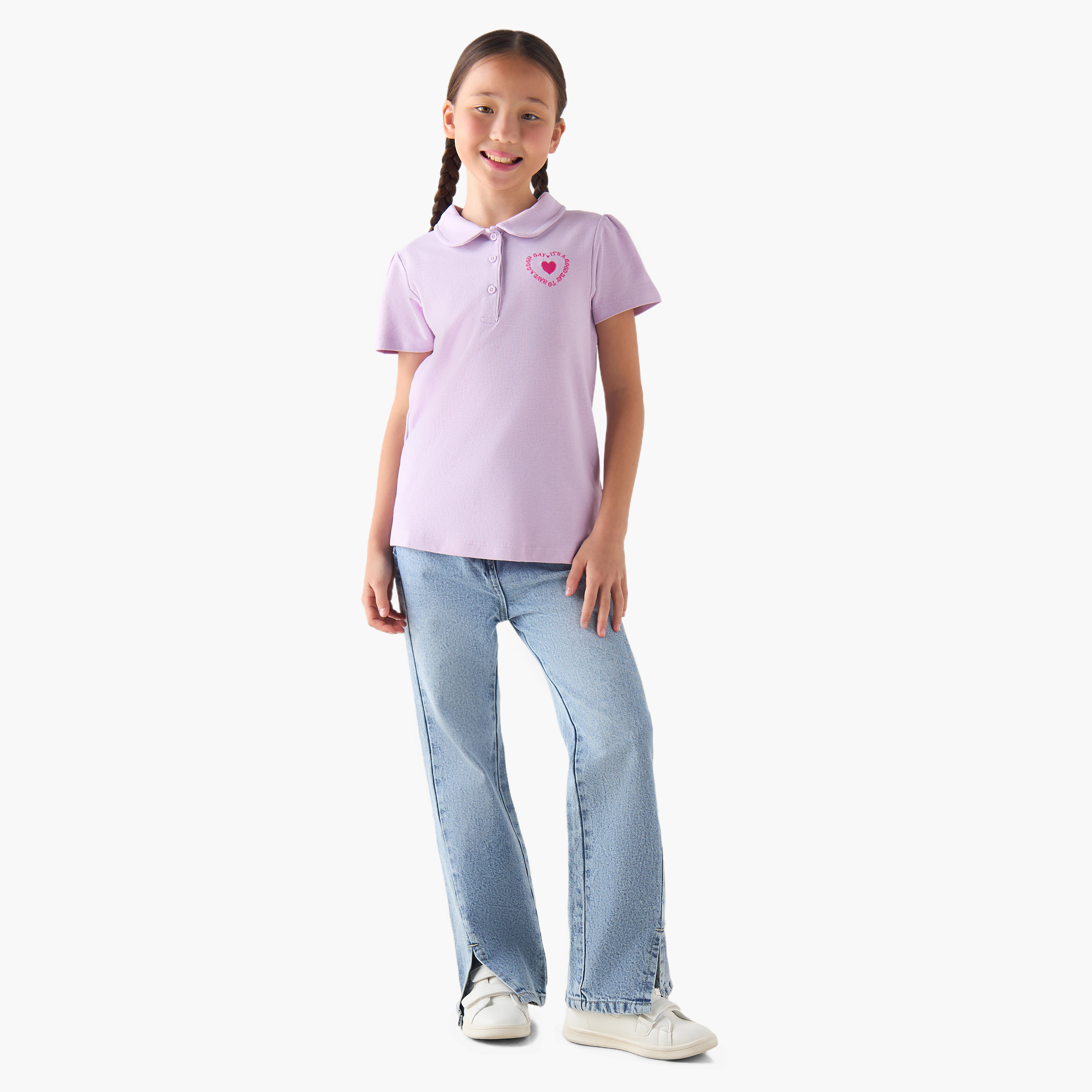 Juniors Peter Pan Collar Short Sleeves Polo T-shirt with Heart Embroidery-girls-clothing-tshirts-image-2