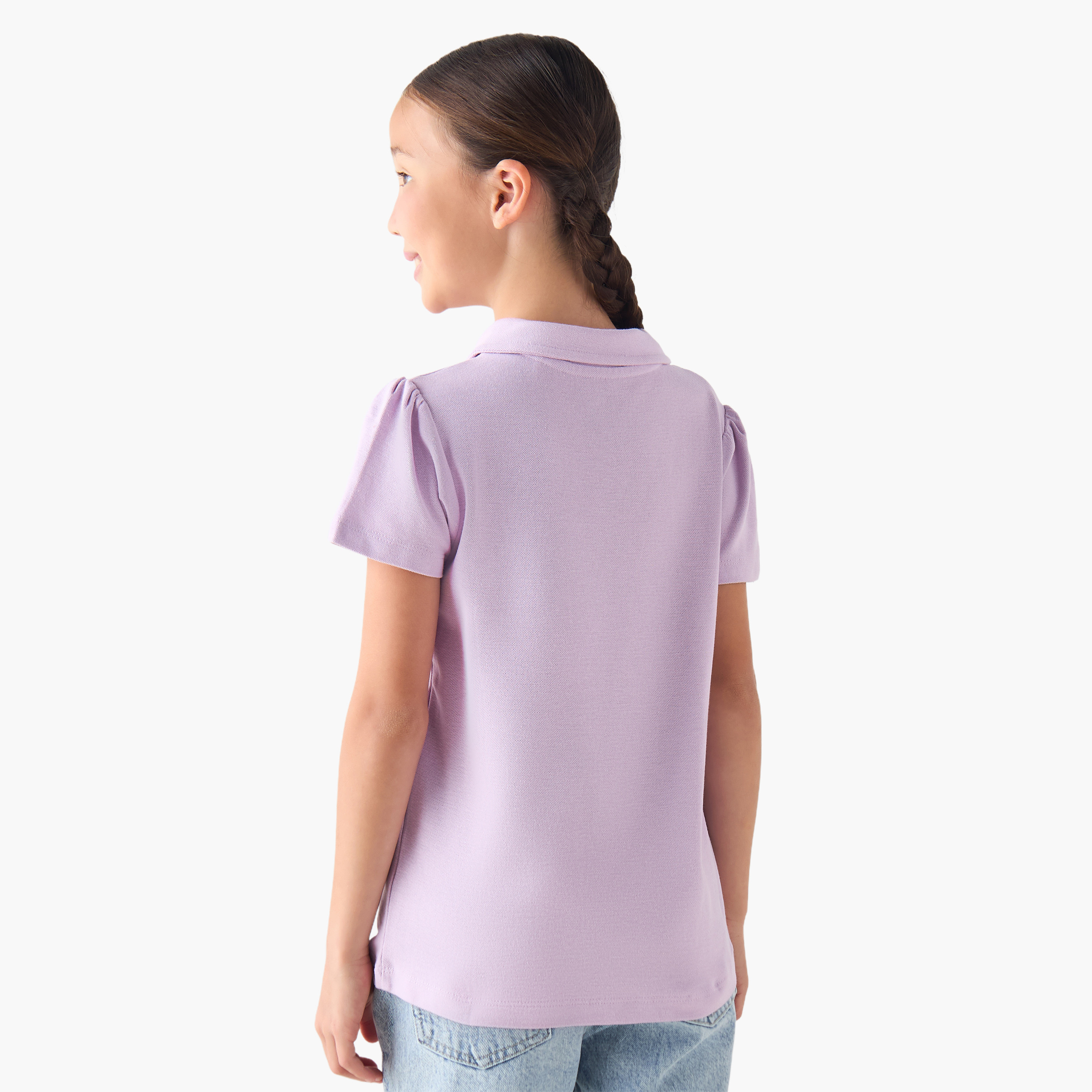 Juniors Peter Pan Collar Short Sleeves Polo T-shirt with Heart Embroidery-girls-clothing-tshirts-image-3