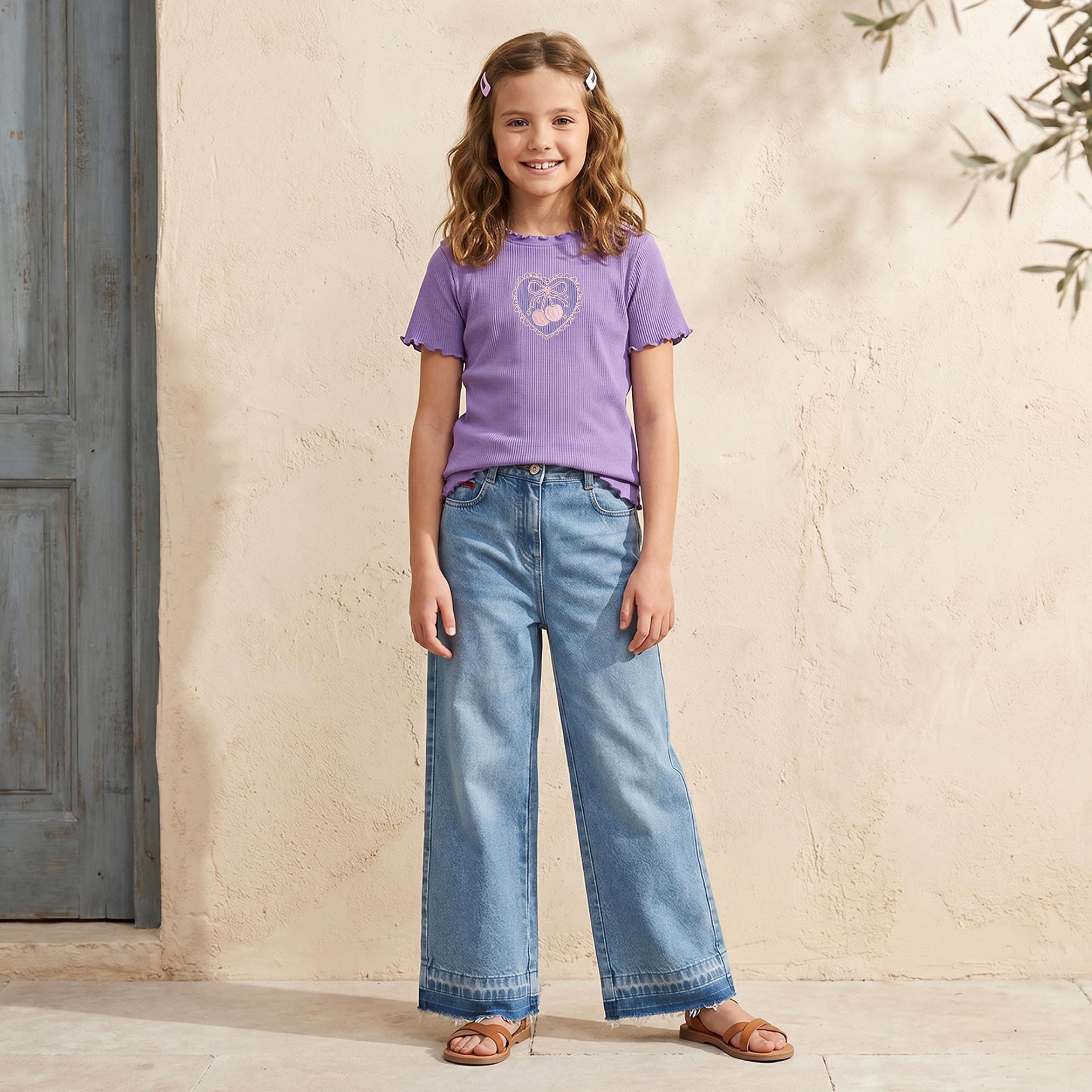 Juniors Crew Neck Short Sleeves T-shirt with Cherry Embroidery-girls-clothing-tshirts-image-2
