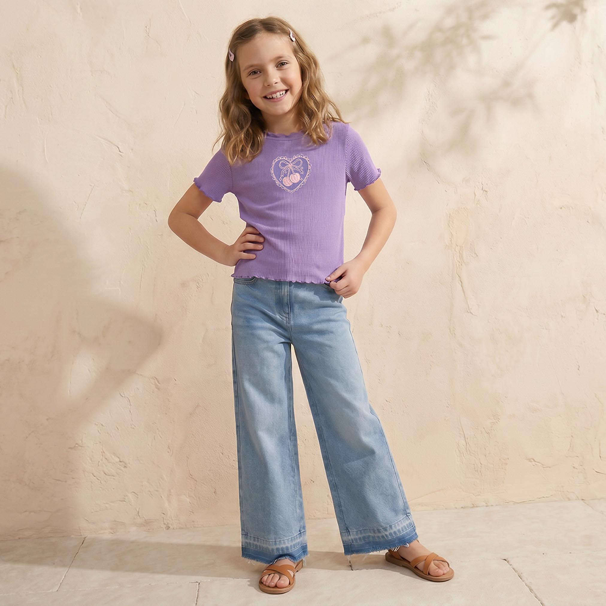Juniors Crew Neck Short Sleeves T-shirt with Cherry Embroidery-girls-clothing-tshirts-image-5
